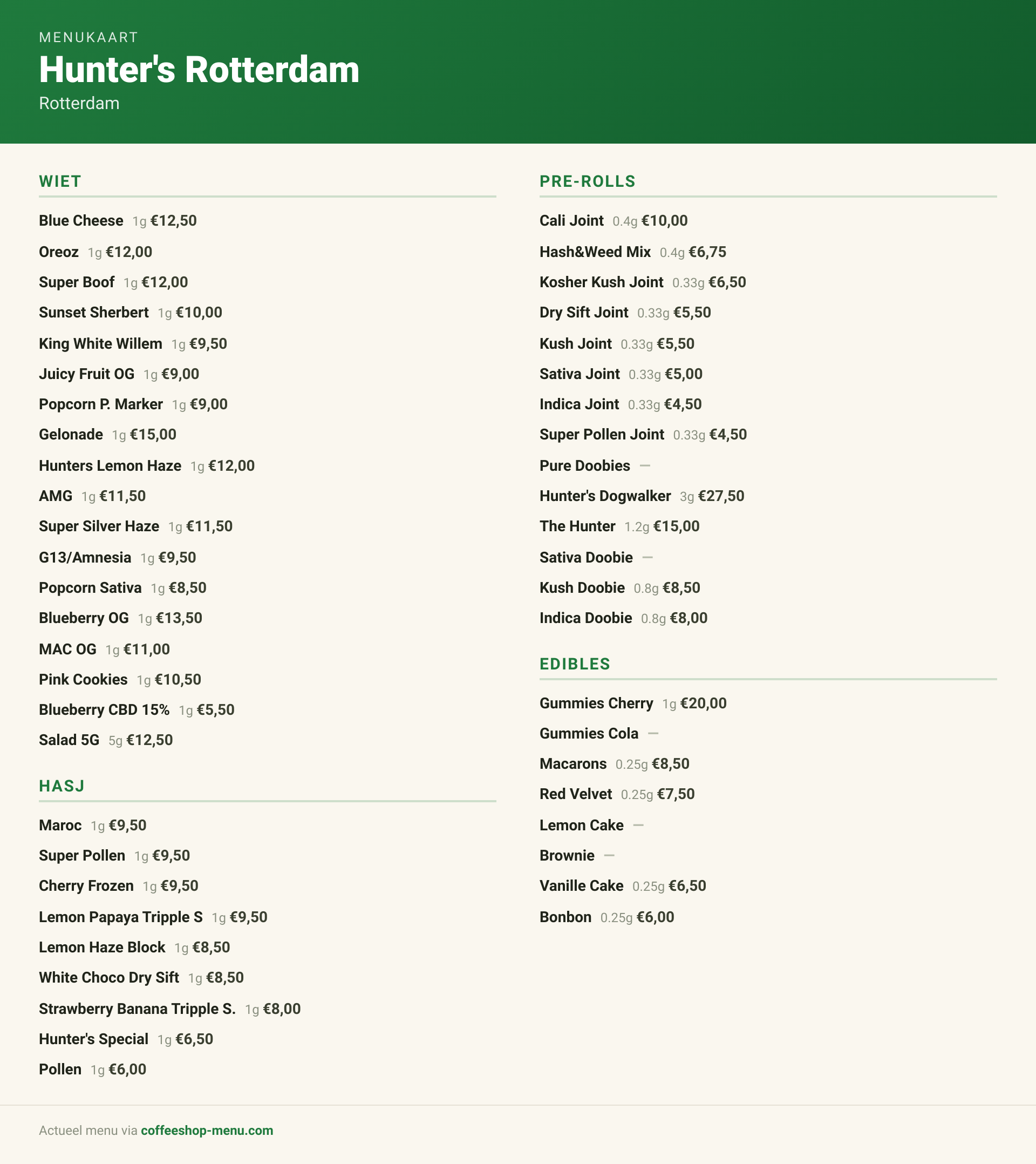 Menu bij Hunter's Rotterdam