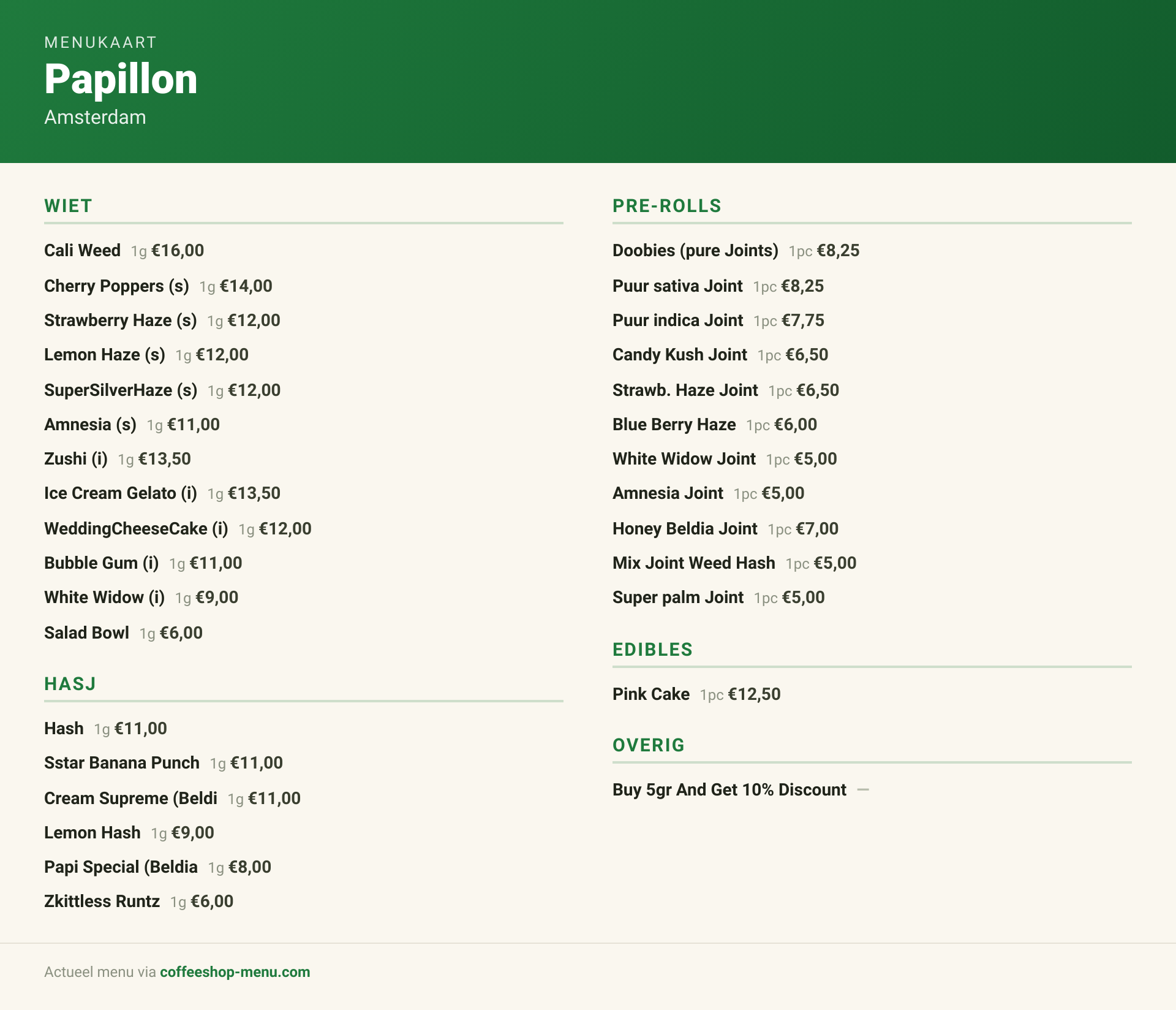 Menu bij Papillon