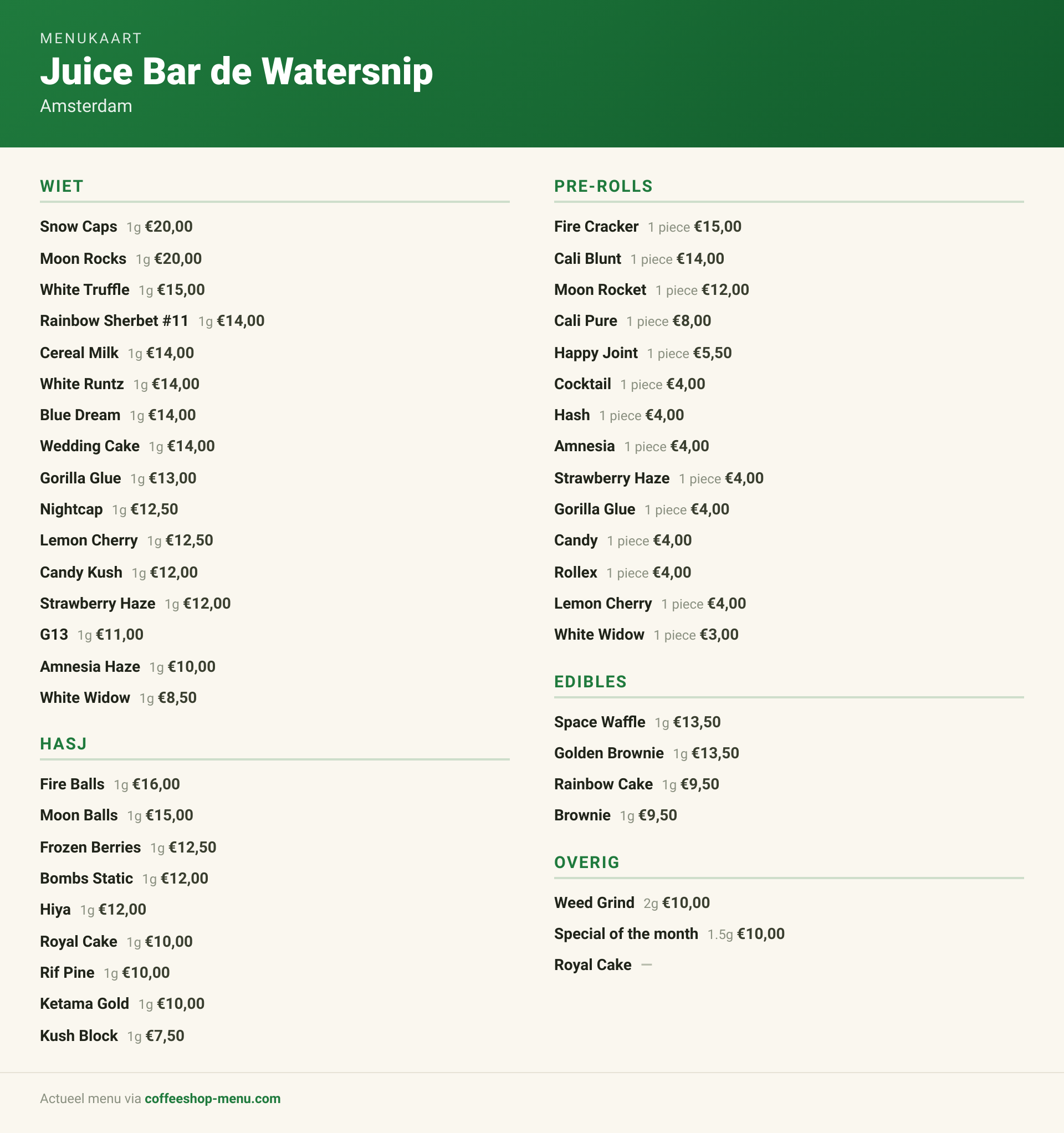 Menu bij Juice Bar de Watersnip