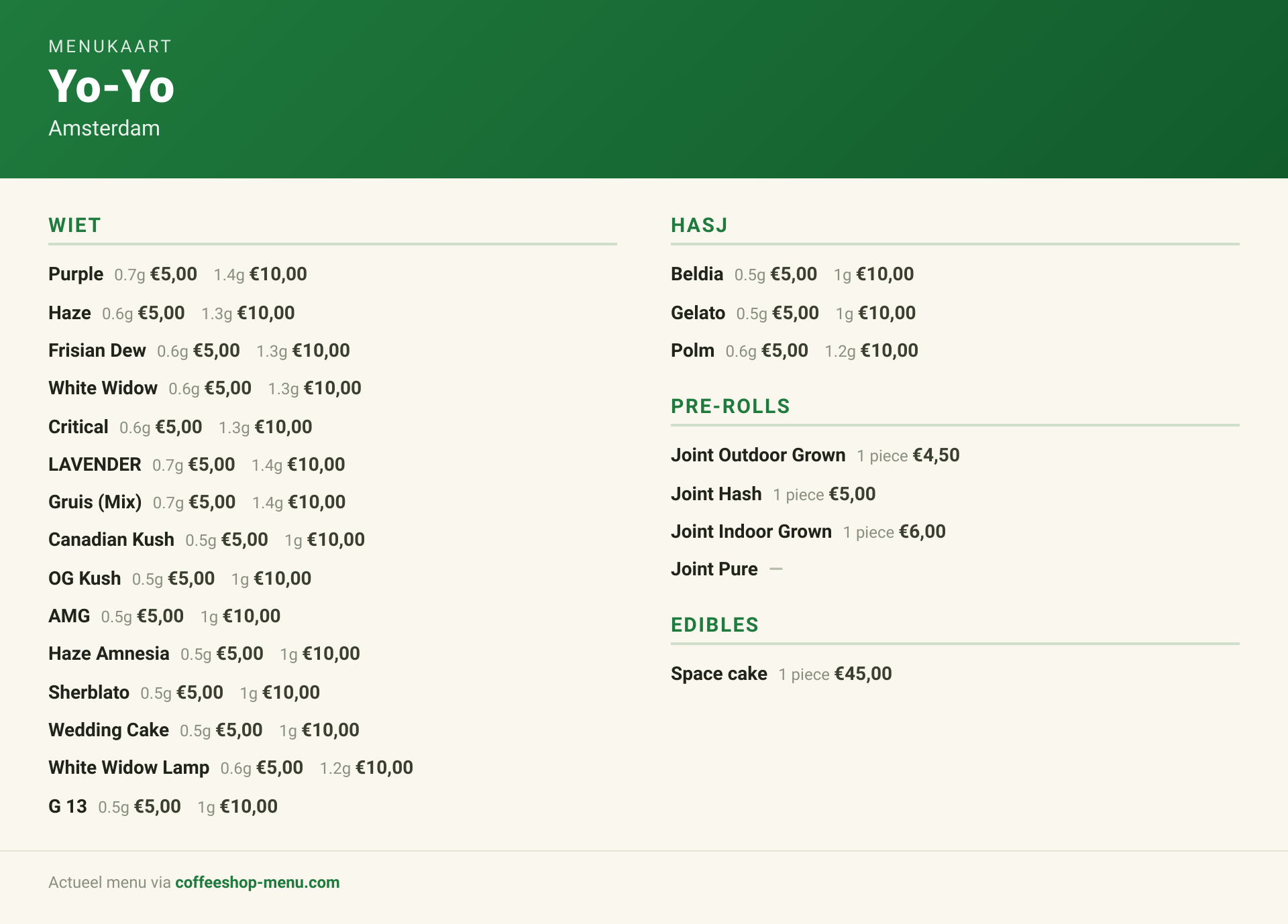 Menu bij Yo-Yo