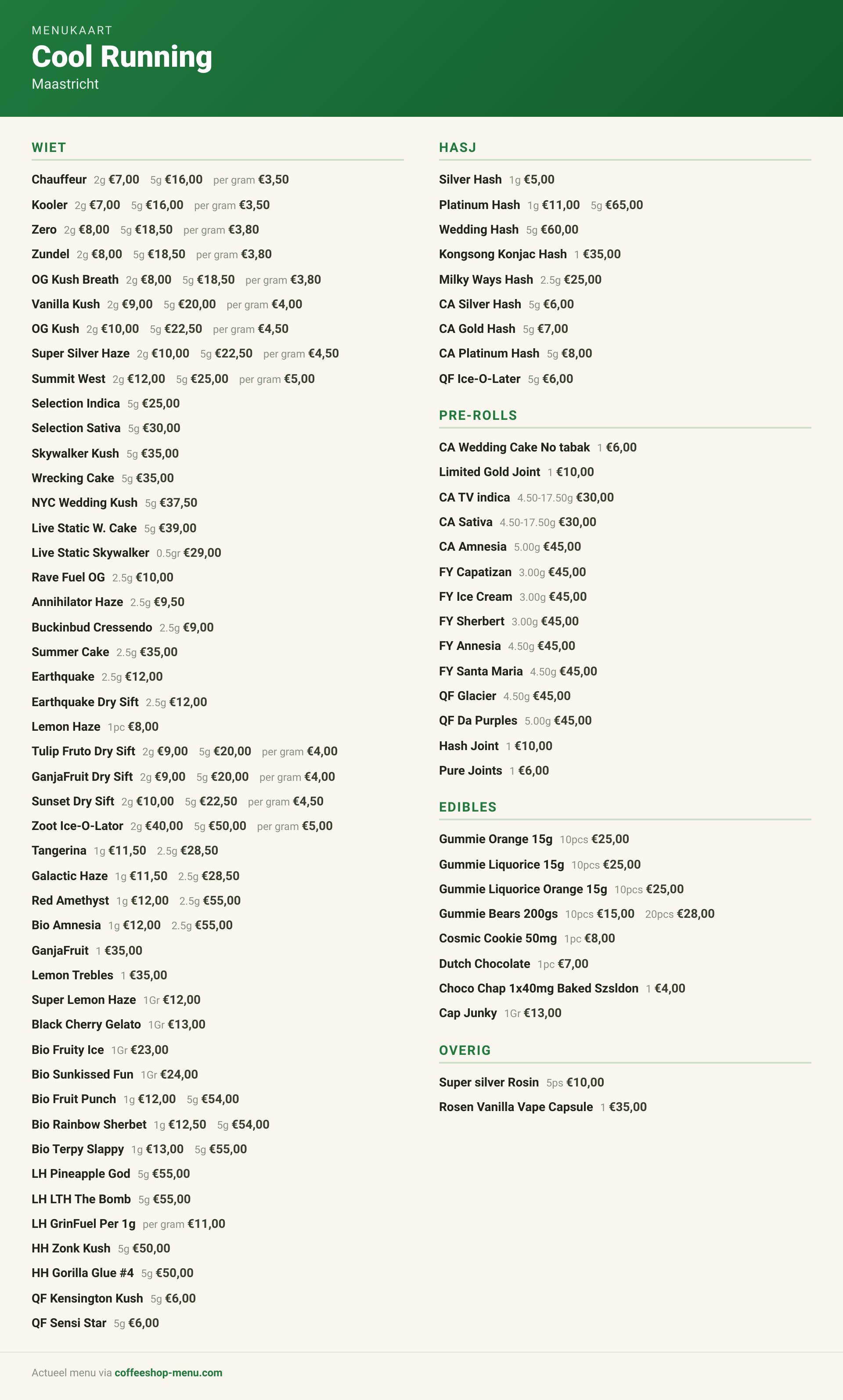 Menu bij Cool Running
