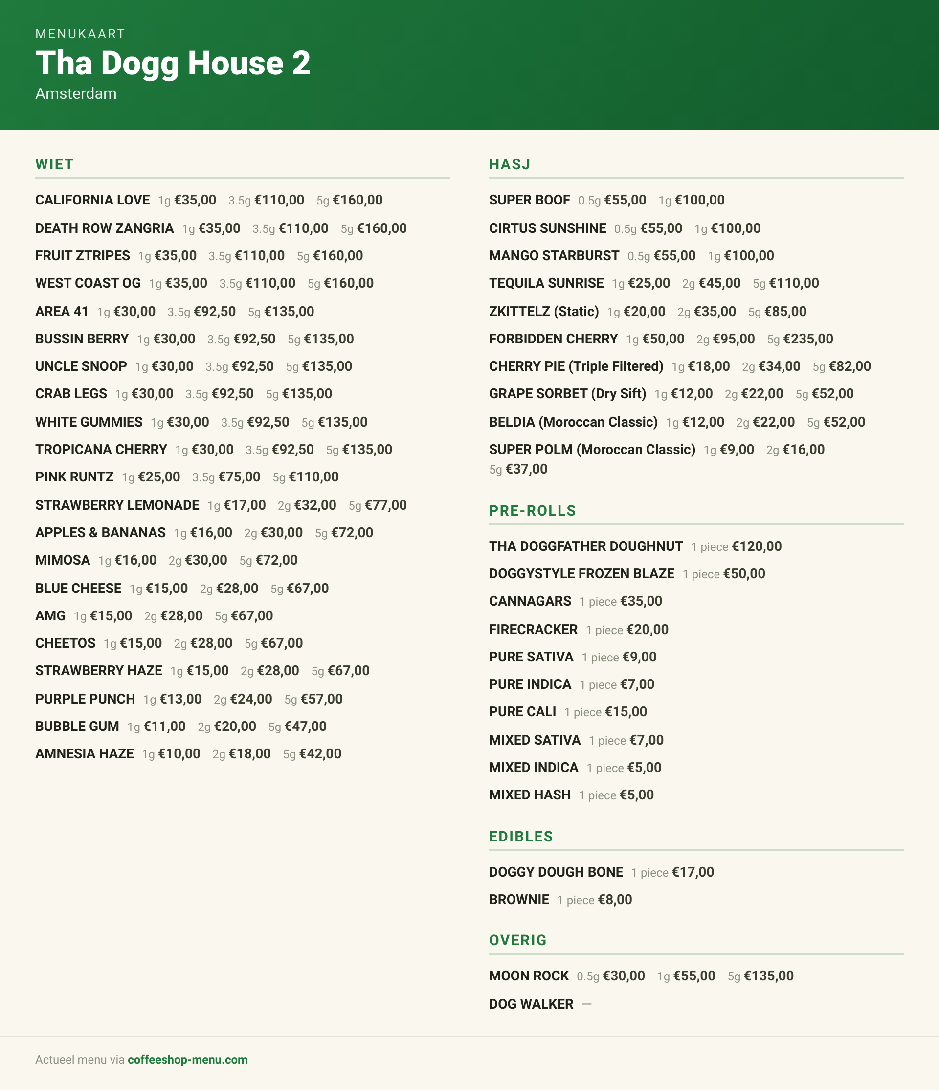 Menu bij Tha Dogg House 2