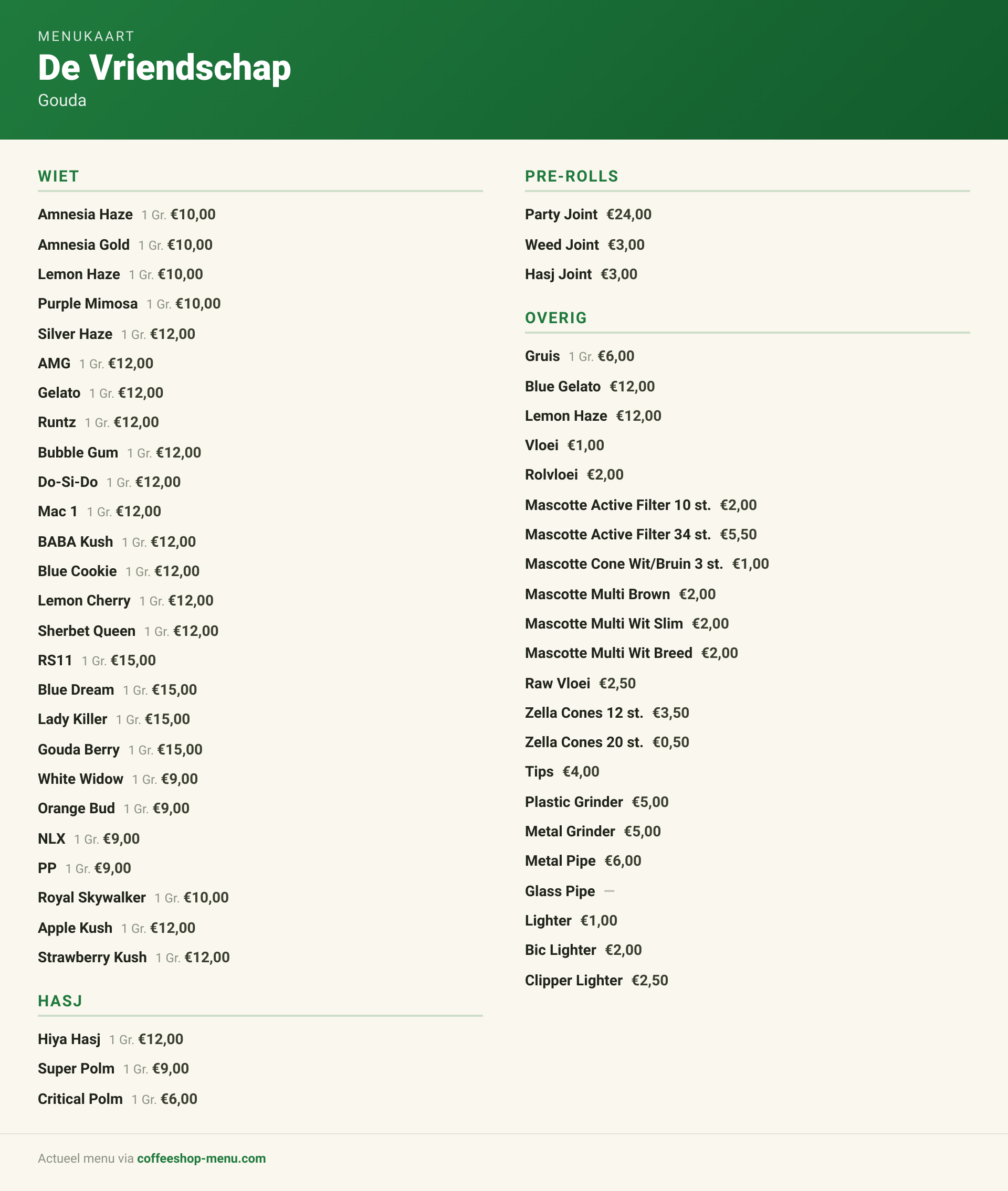 Menu bij De Vriendschap