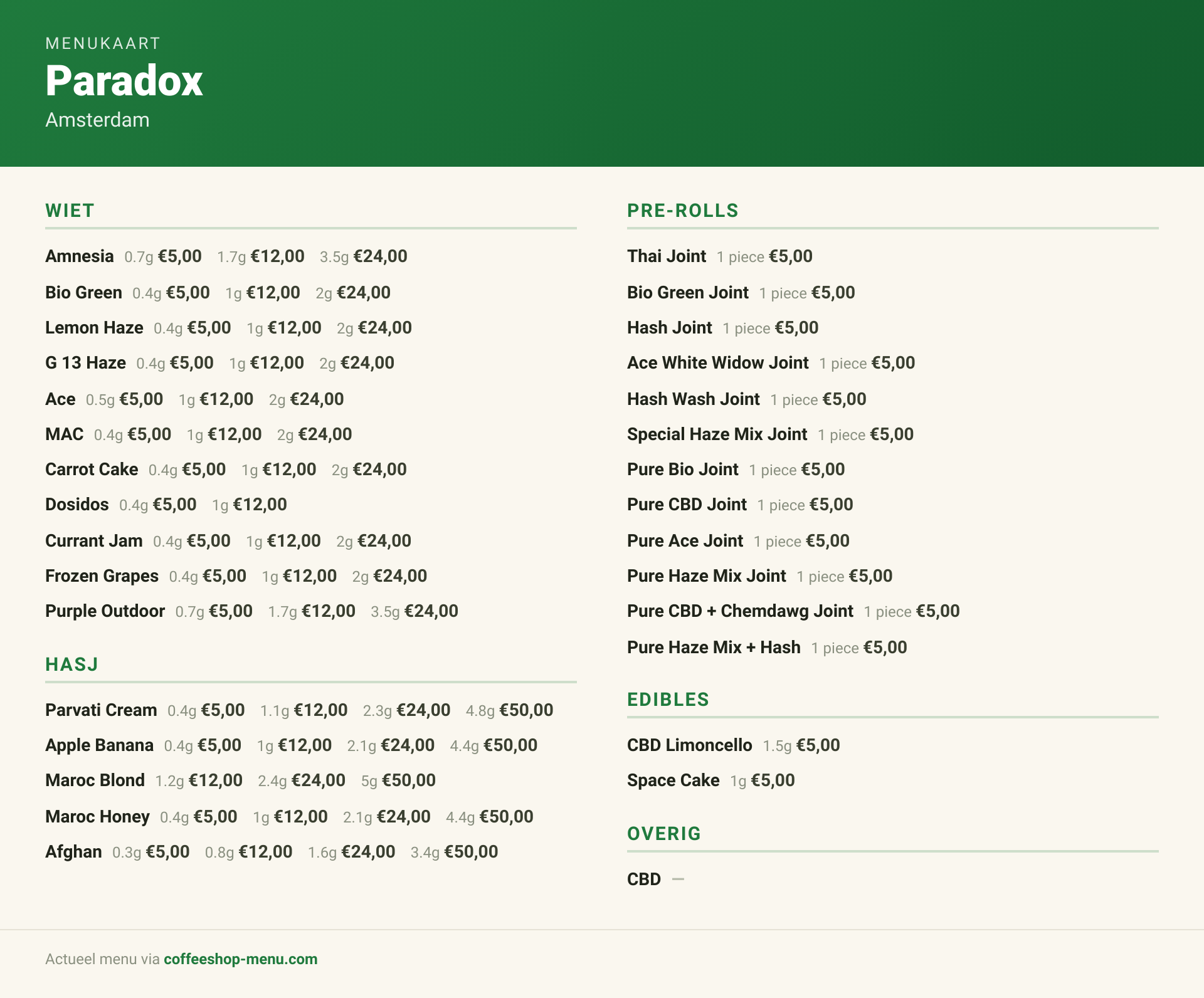 Menu bij Paradox