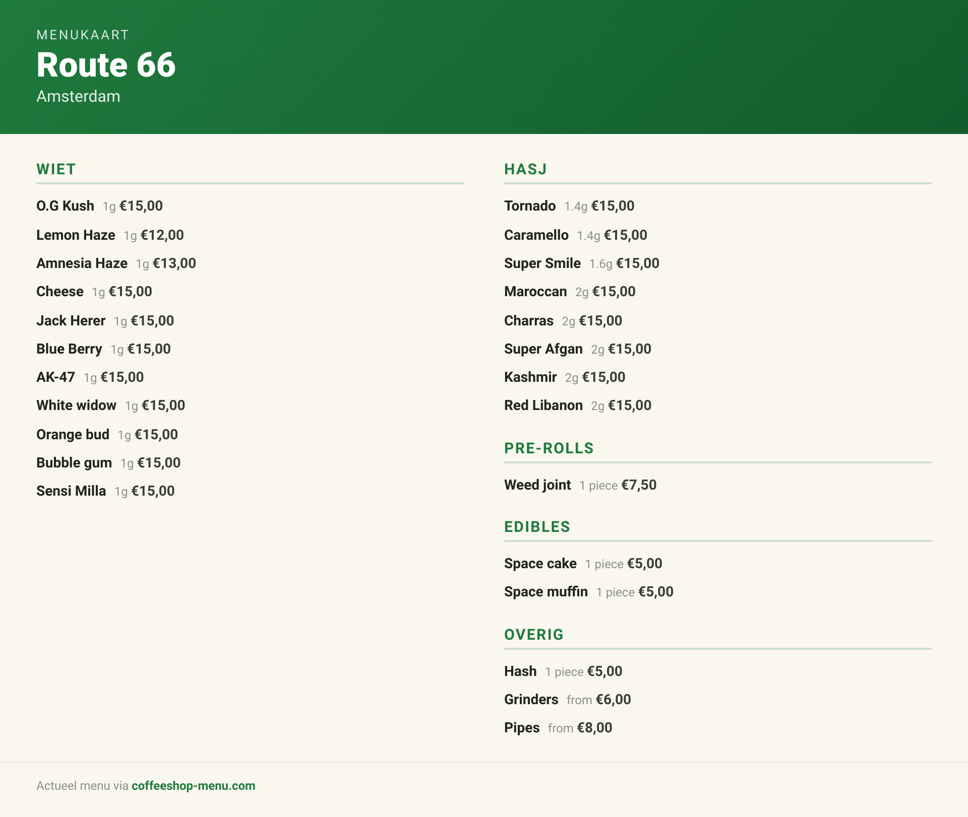Menu bij Route 66