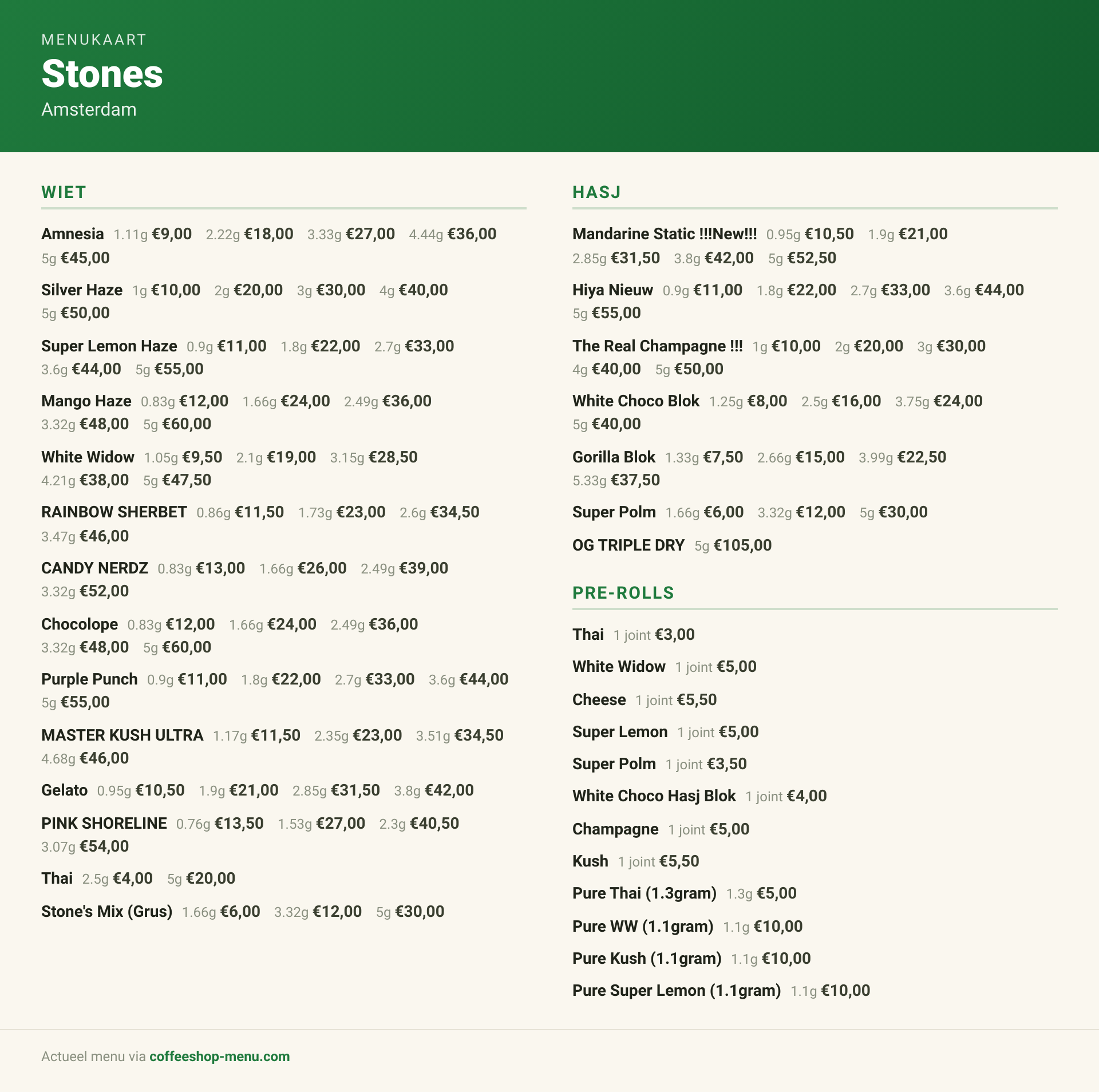 Menu bij Stones