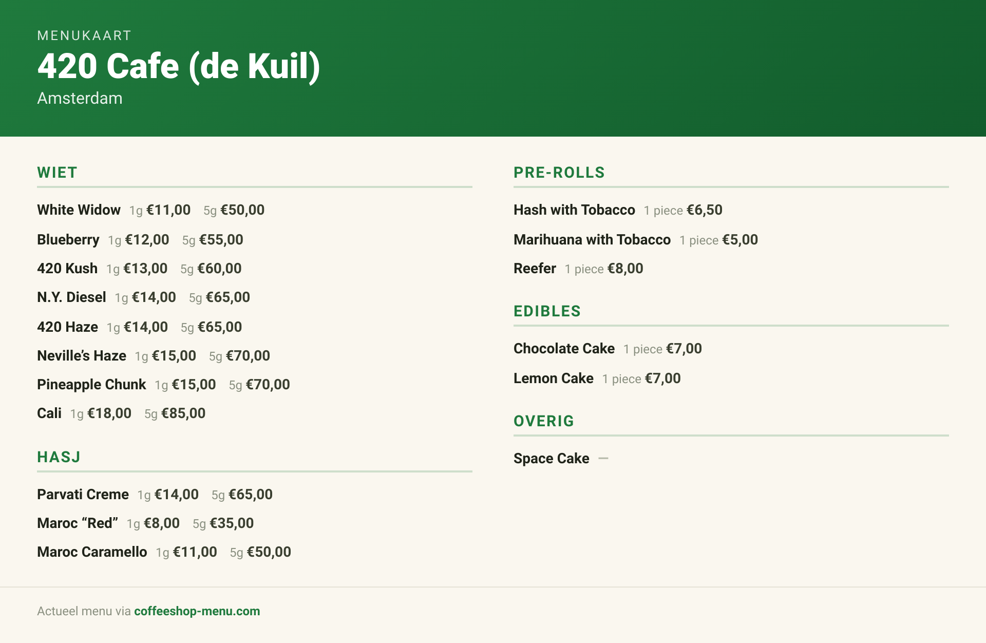 Menu bij 420 Cafe (de Kuil)