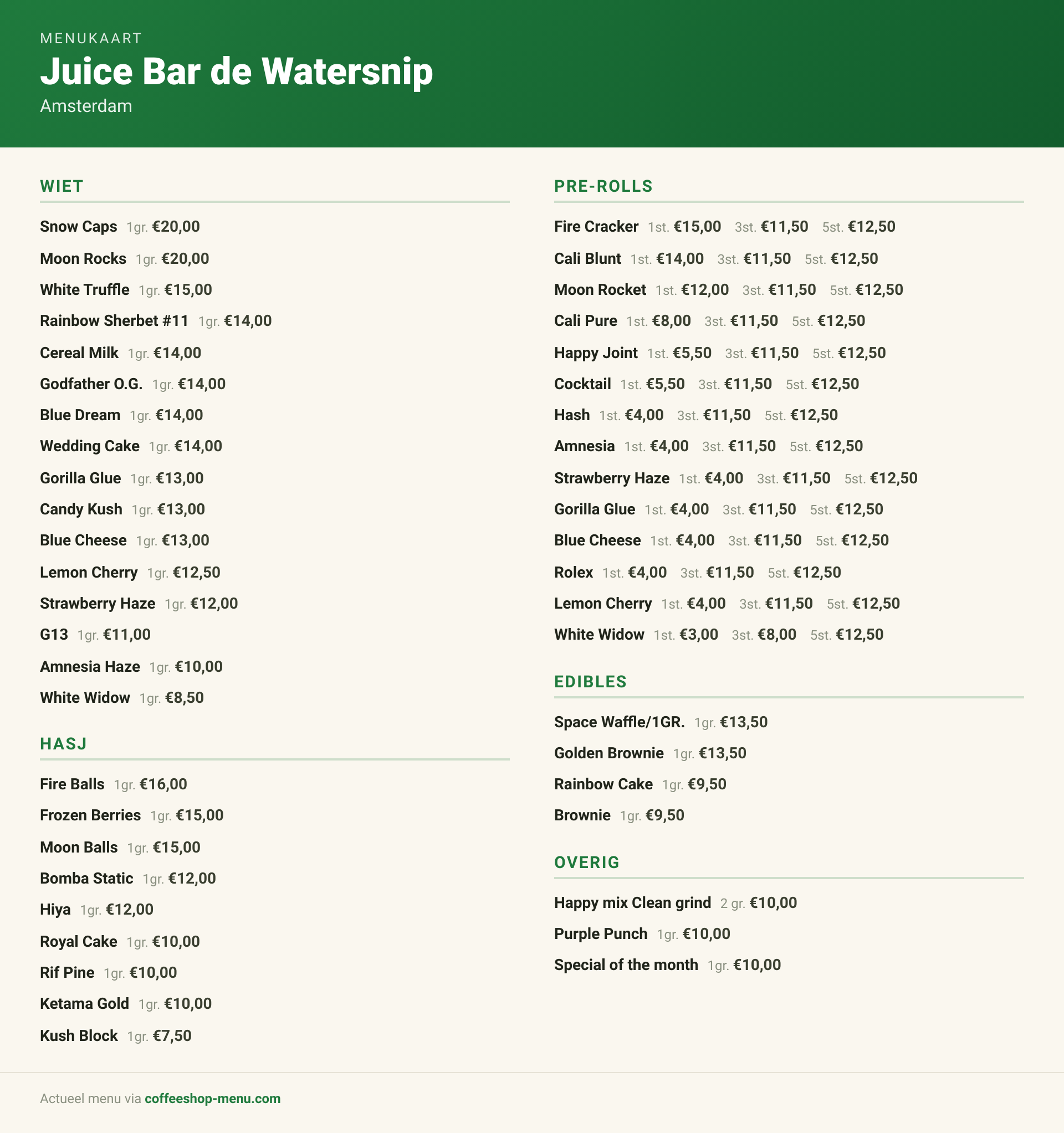 Menu bij Juice Bar de Watersnip