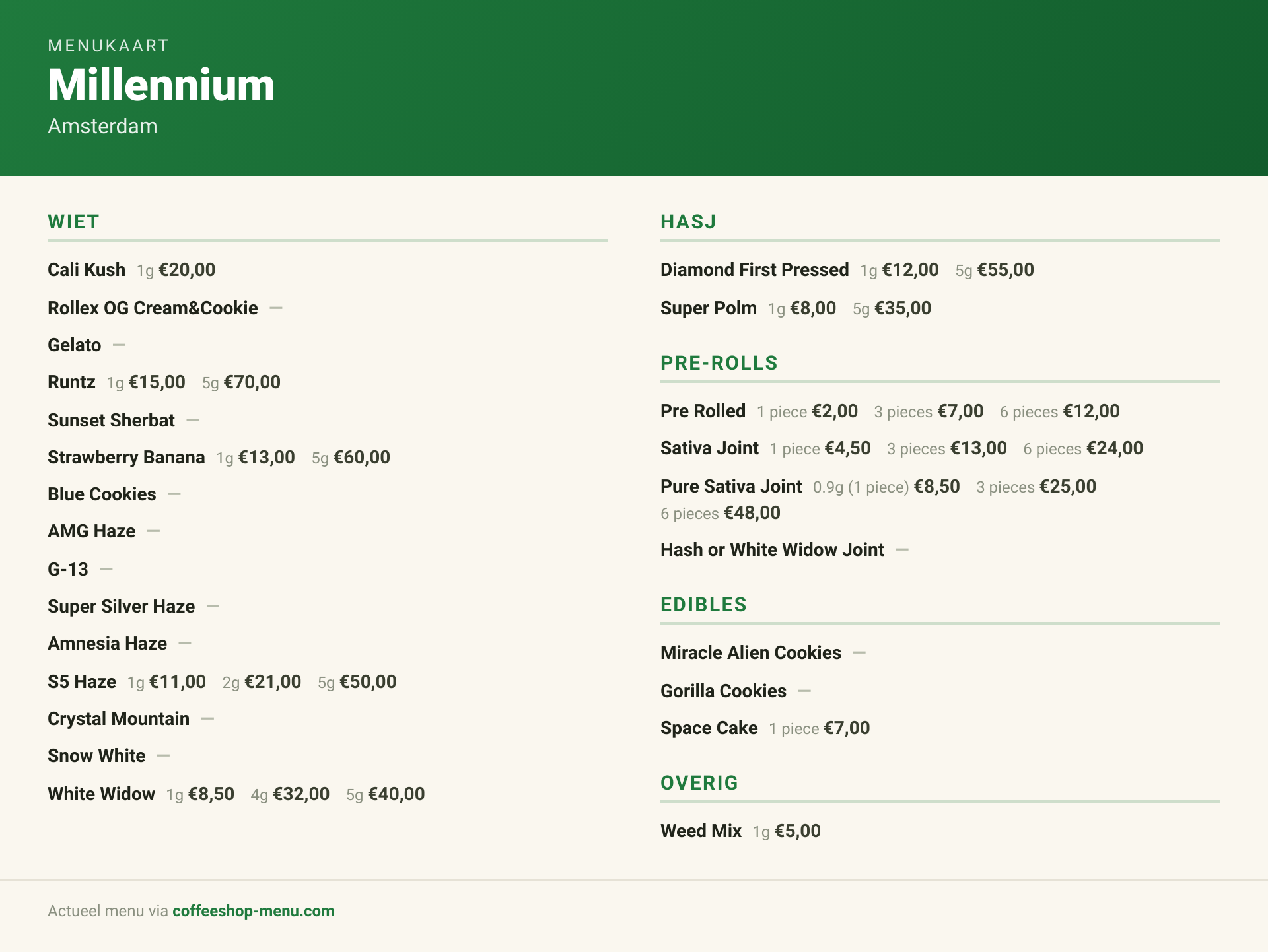 Menu bij Millennium
