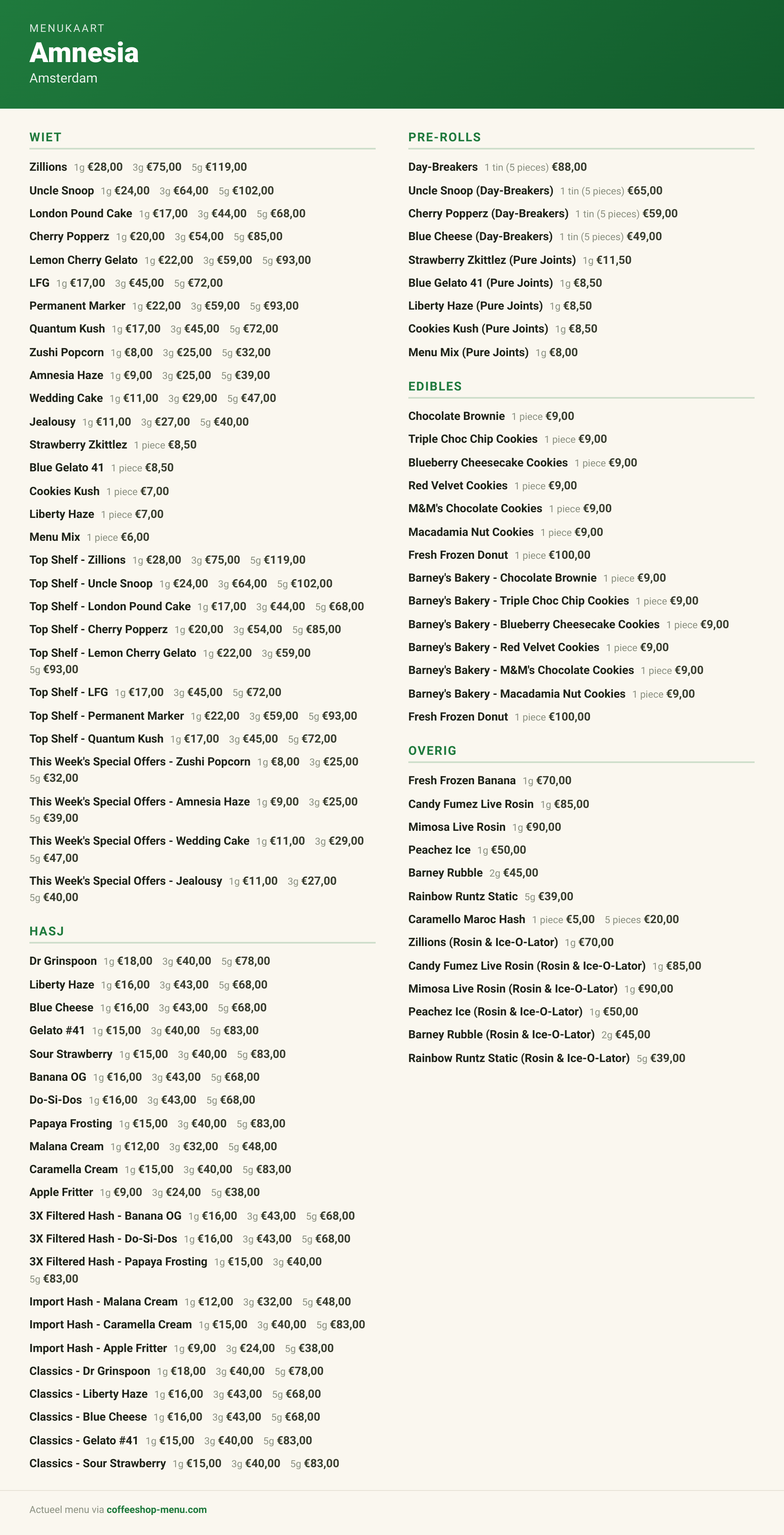 Menu bij Amnesia