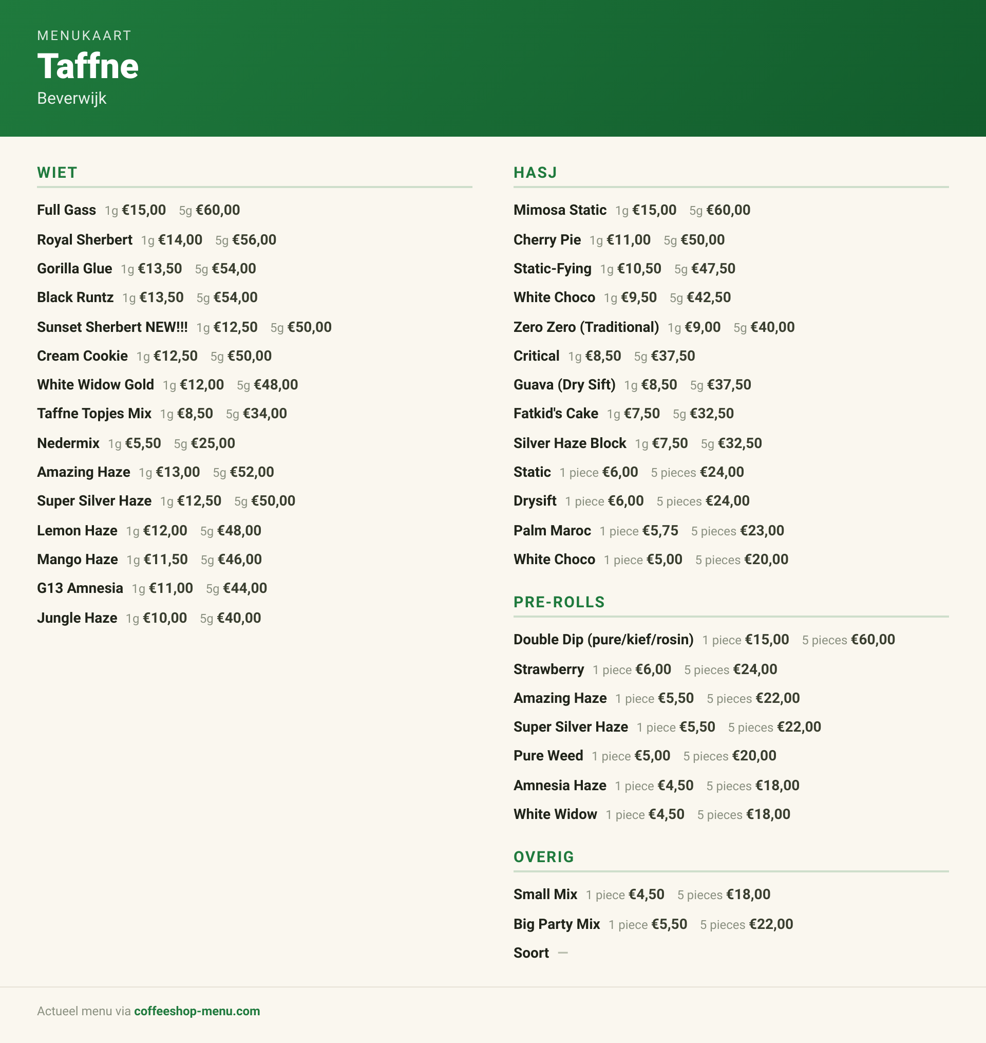 Menu bij Taffne