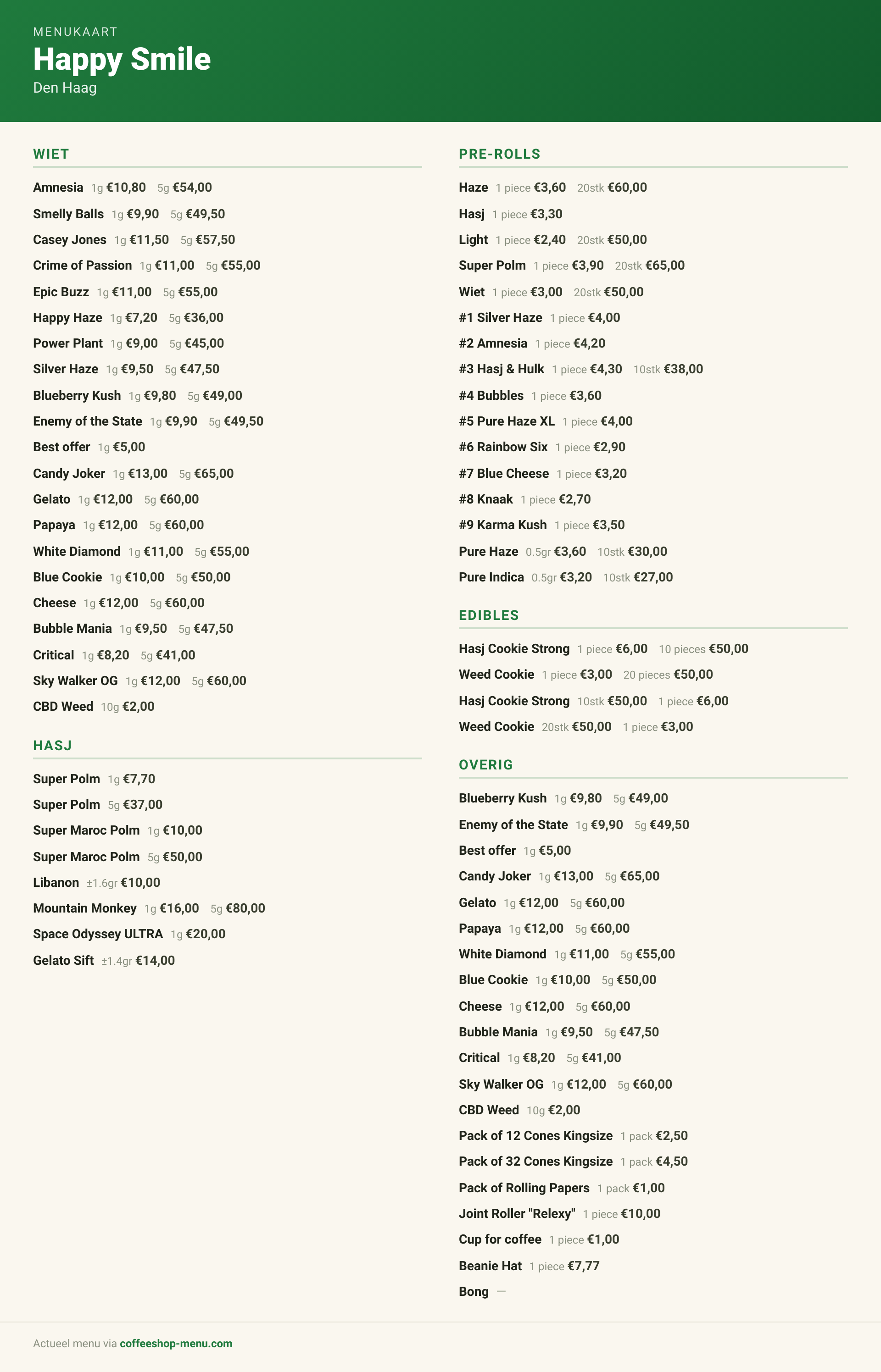 Menu bij Happy Smile