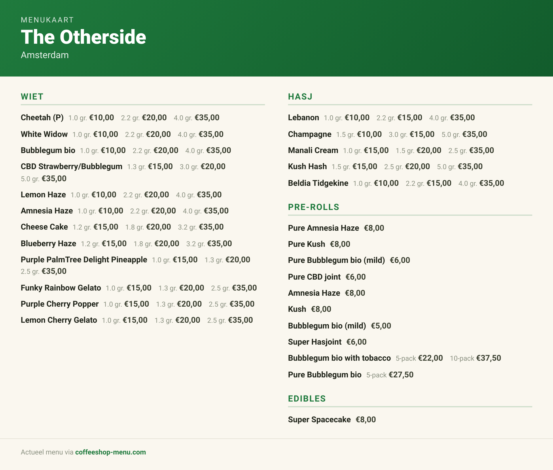 Menu bij The Otherside