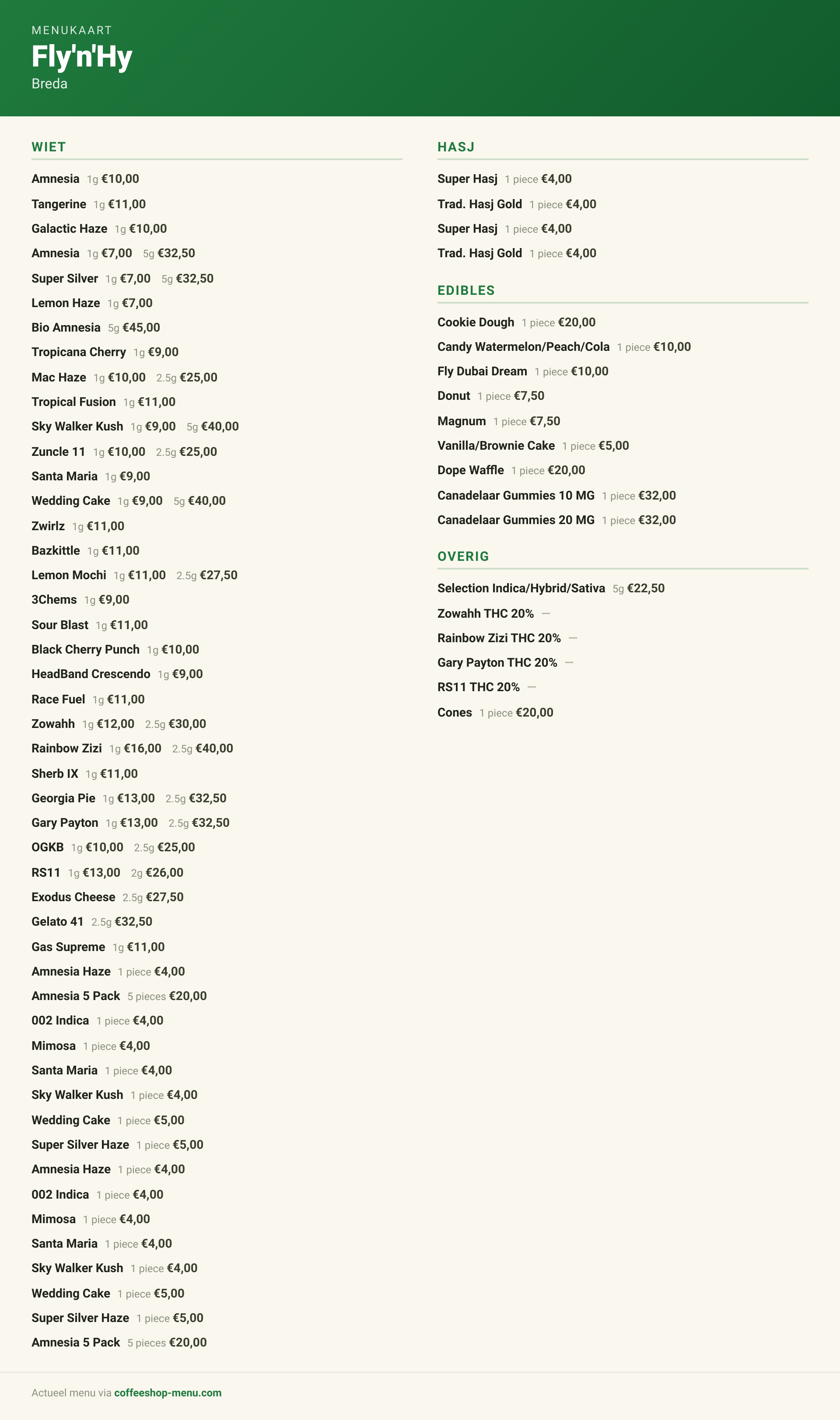 Menu bij Fly'n'Hy