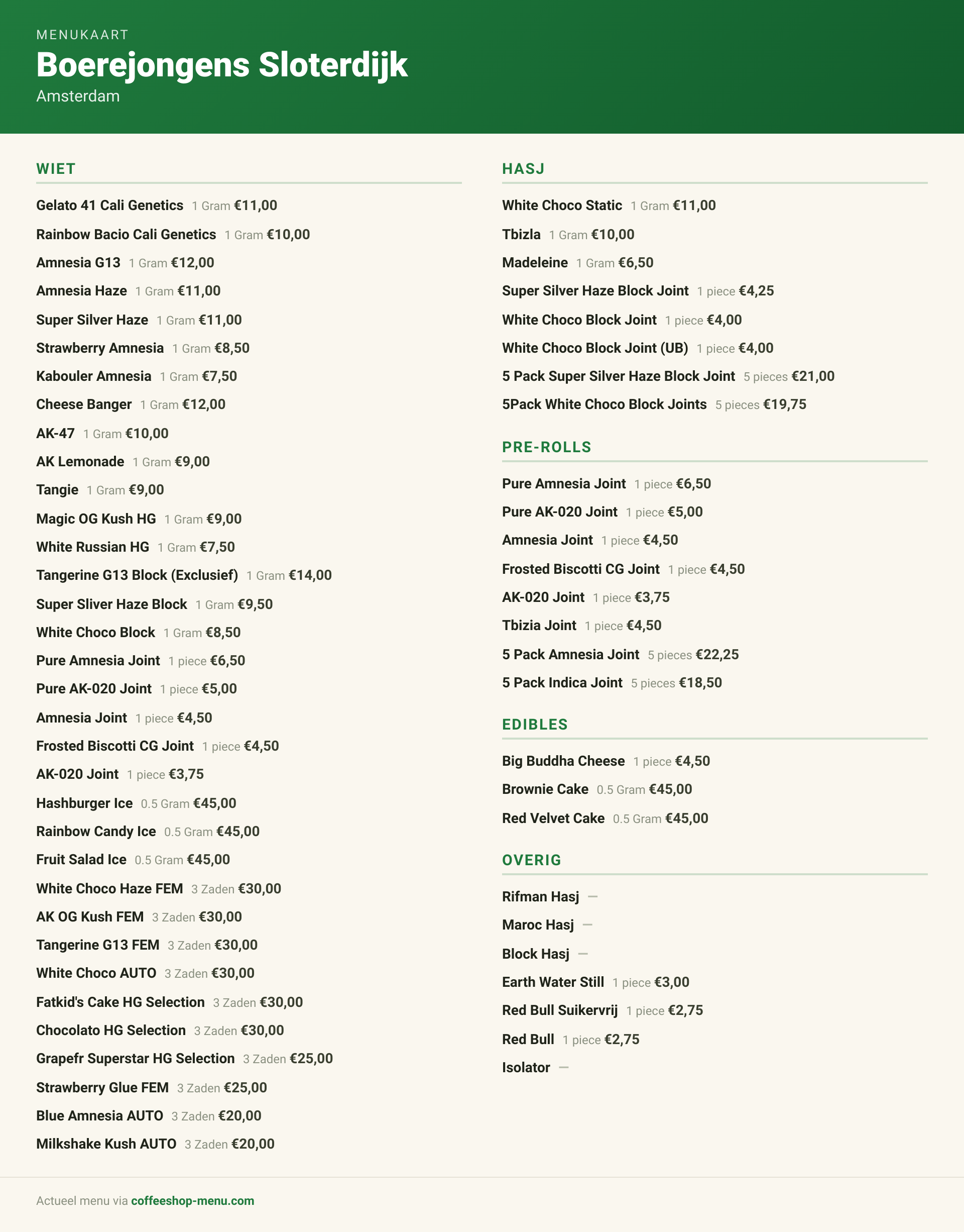 Menu bij Boerejongens Sloterdijk