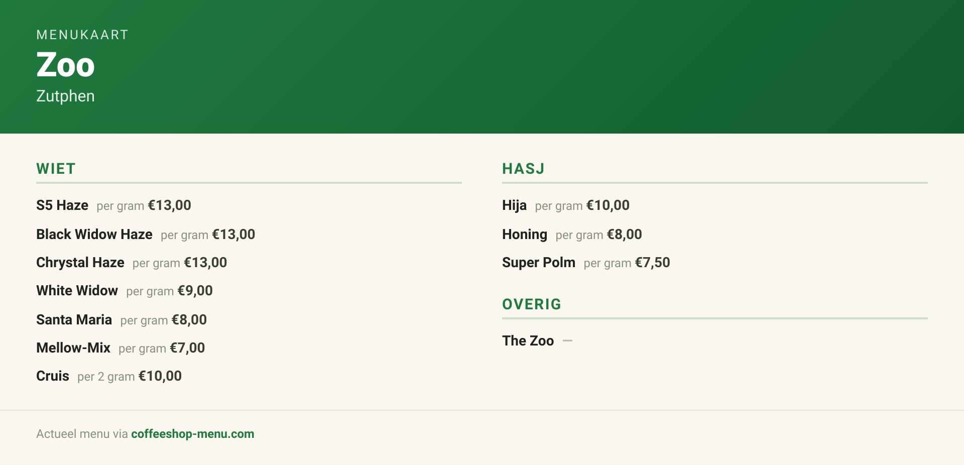 Menu bij Zoo