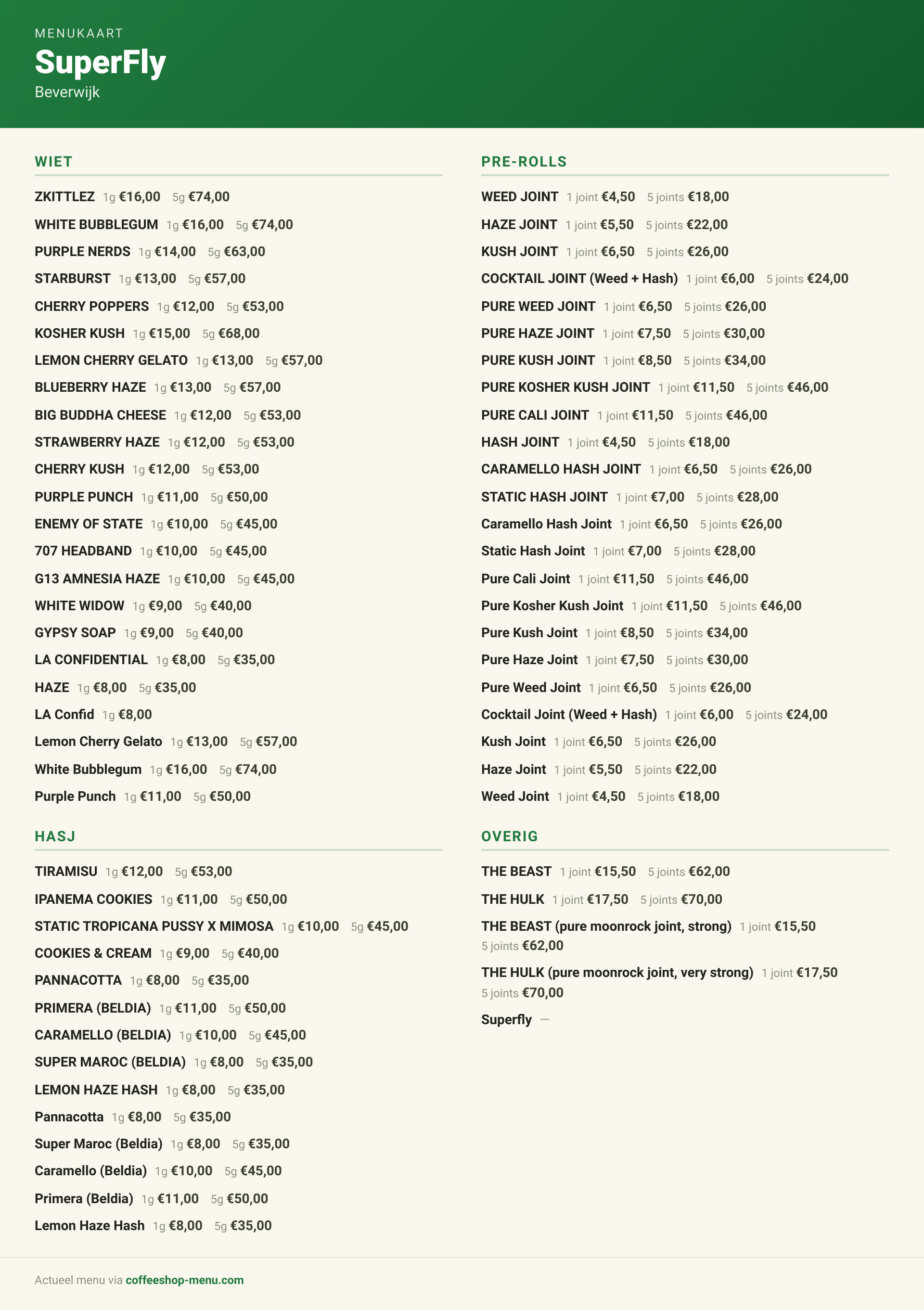 Menu bij SuperFly