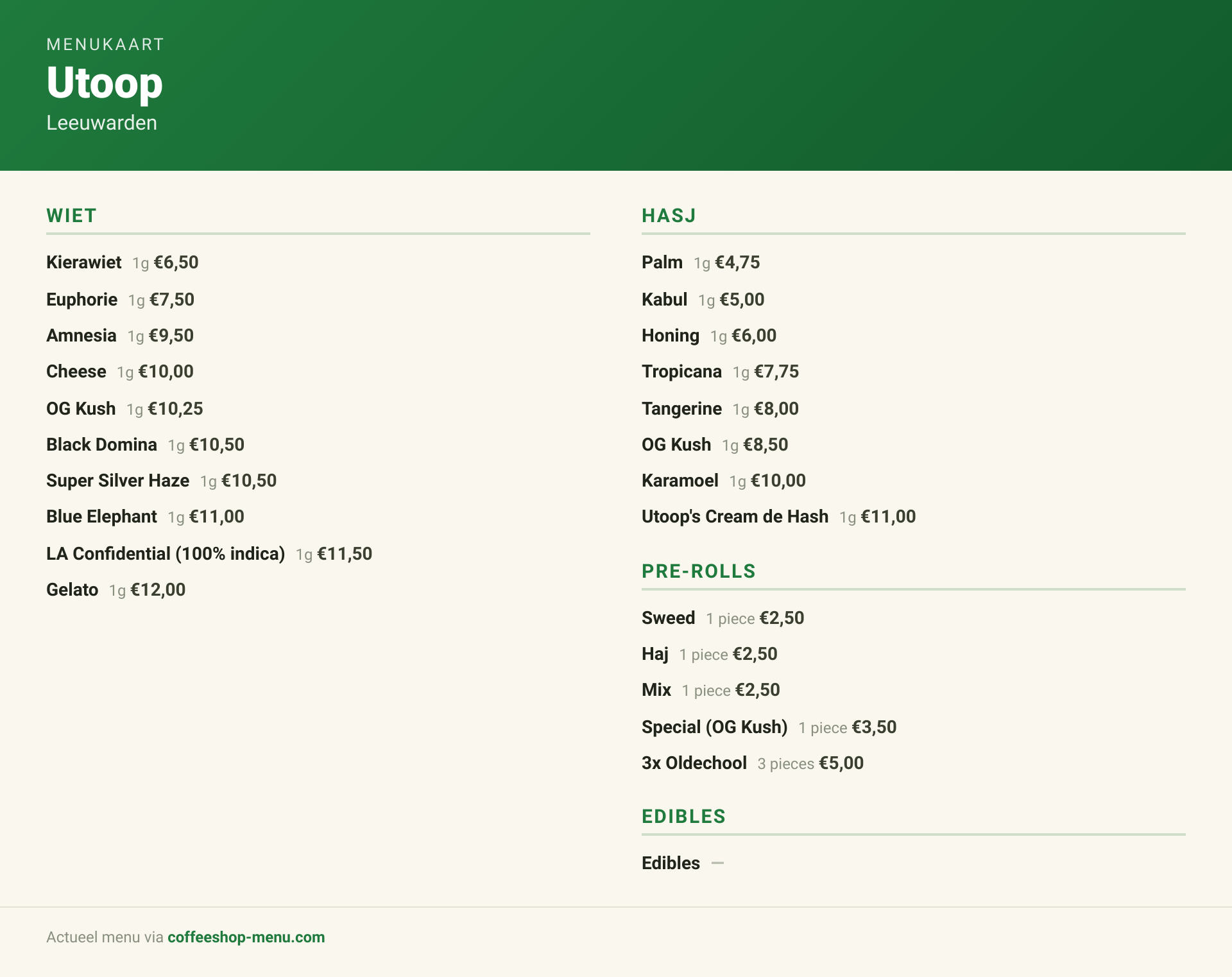 Menu bij Utoop