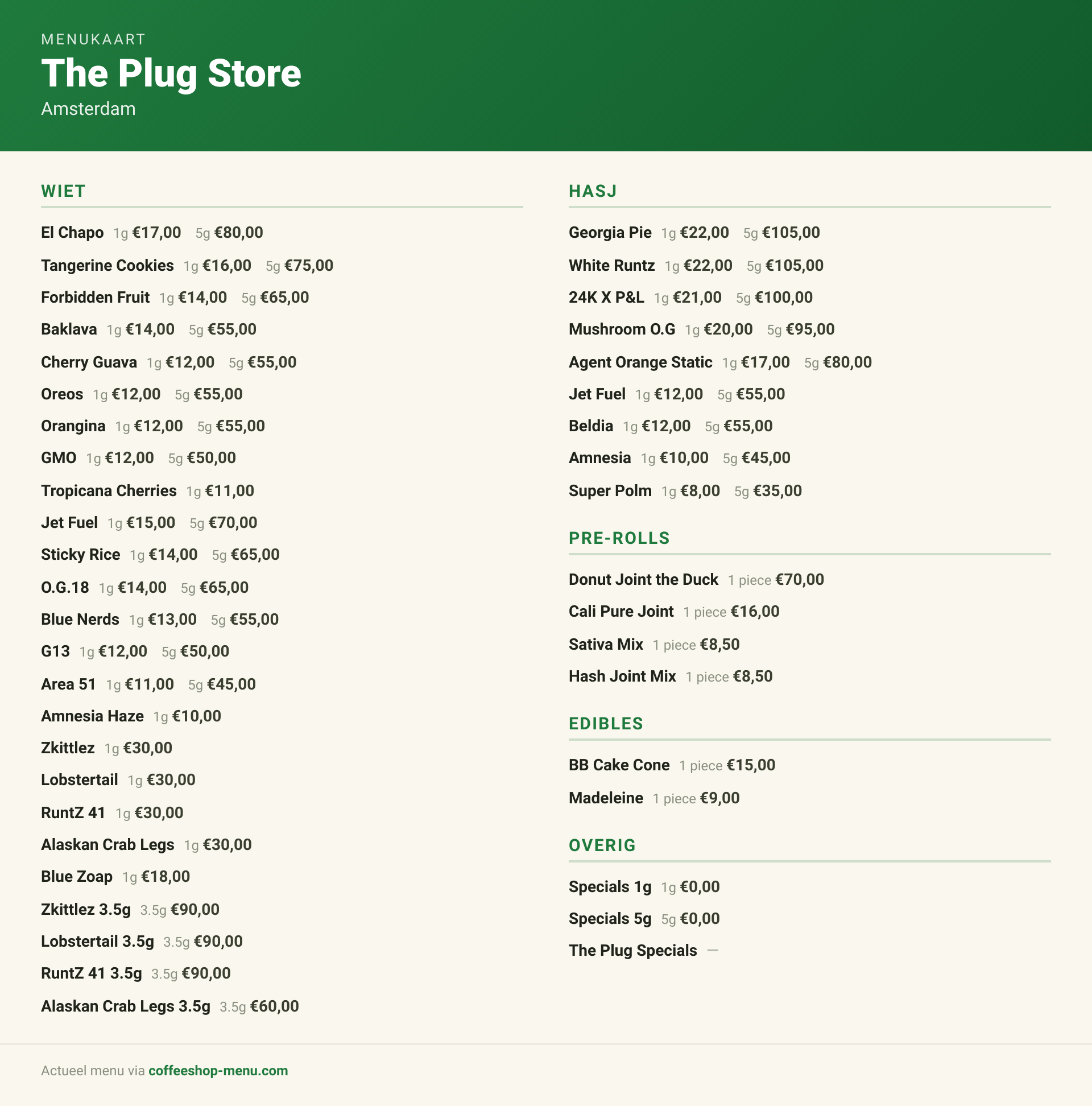 Menu bij The Plug Store