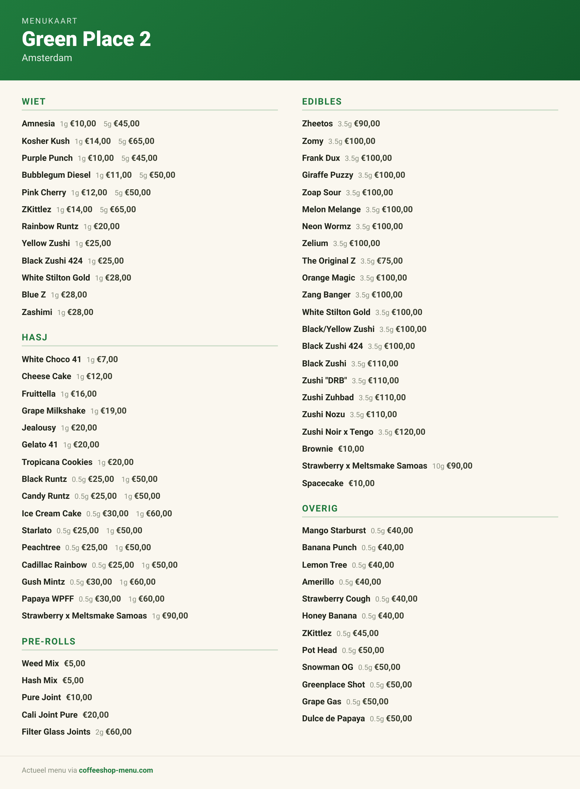 Menu bij Green Place 2