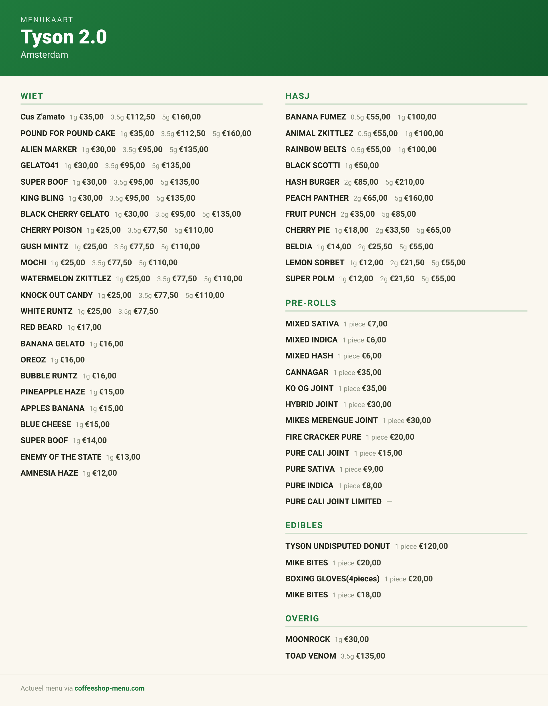Menu bij Tyson 2.0
