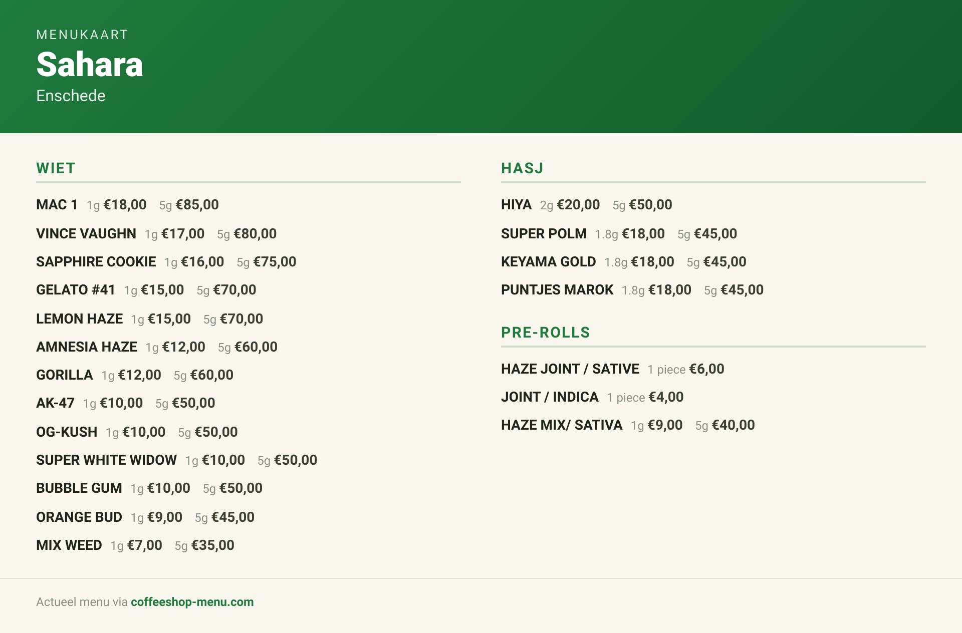 Menu bij Sahara