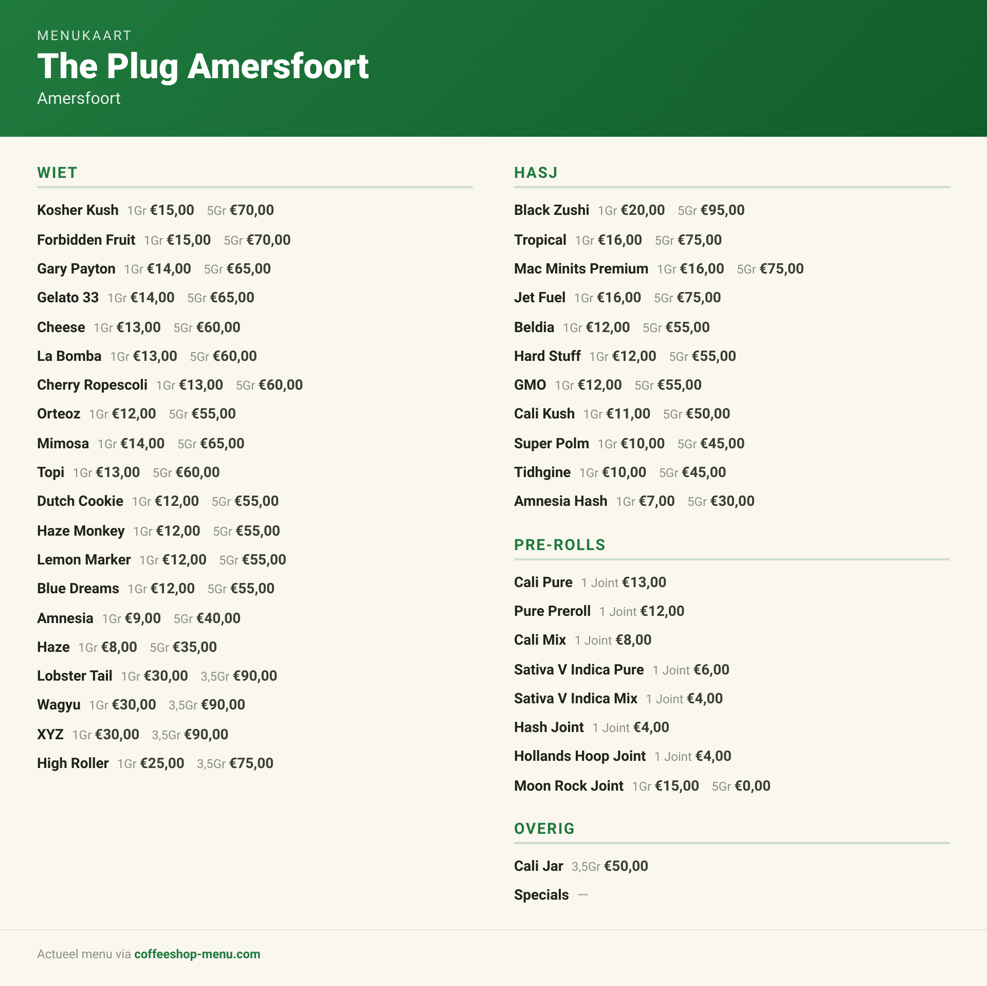 Menu bij The Plug Amersfoort