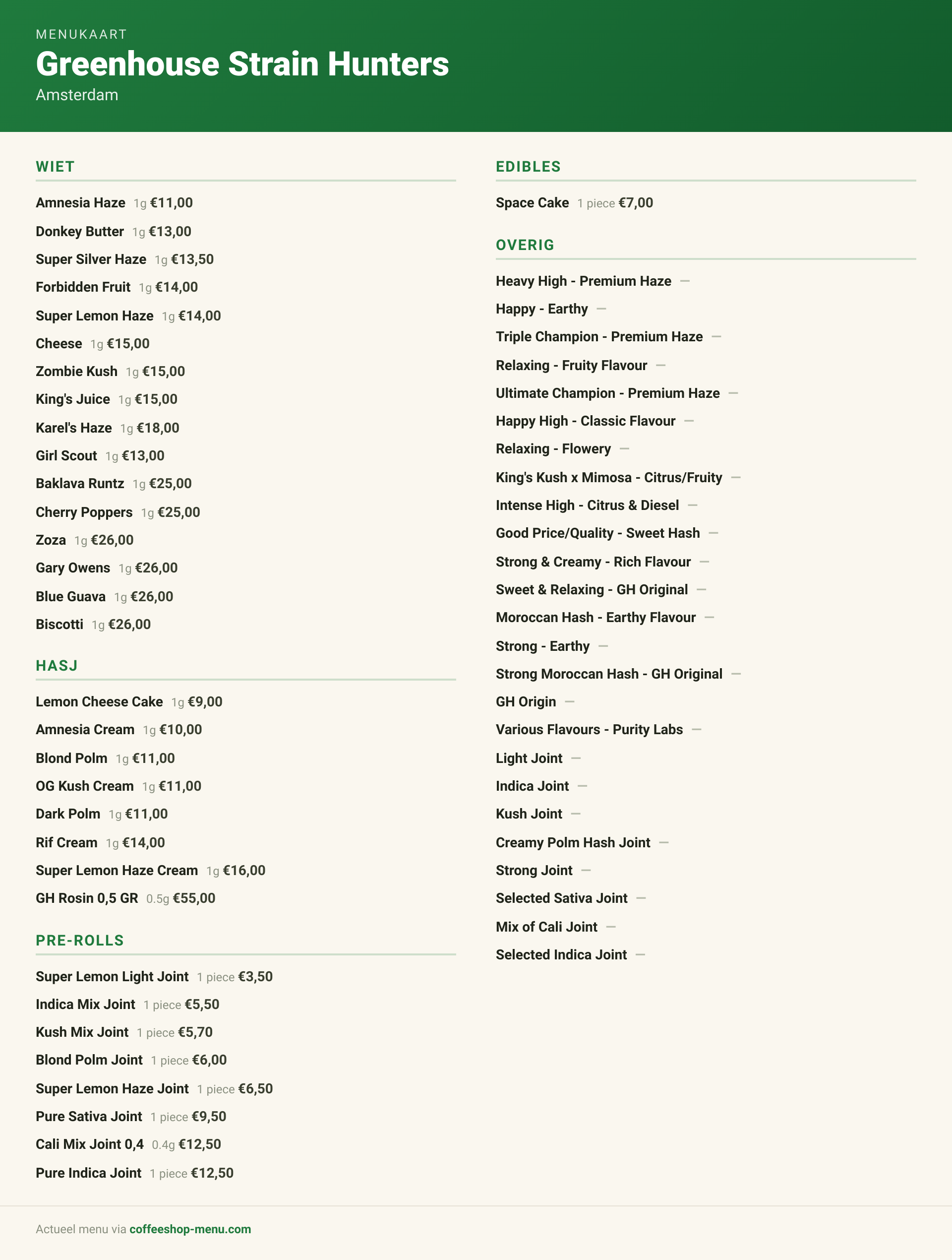Menu bij Greenhouse Strain Hunters