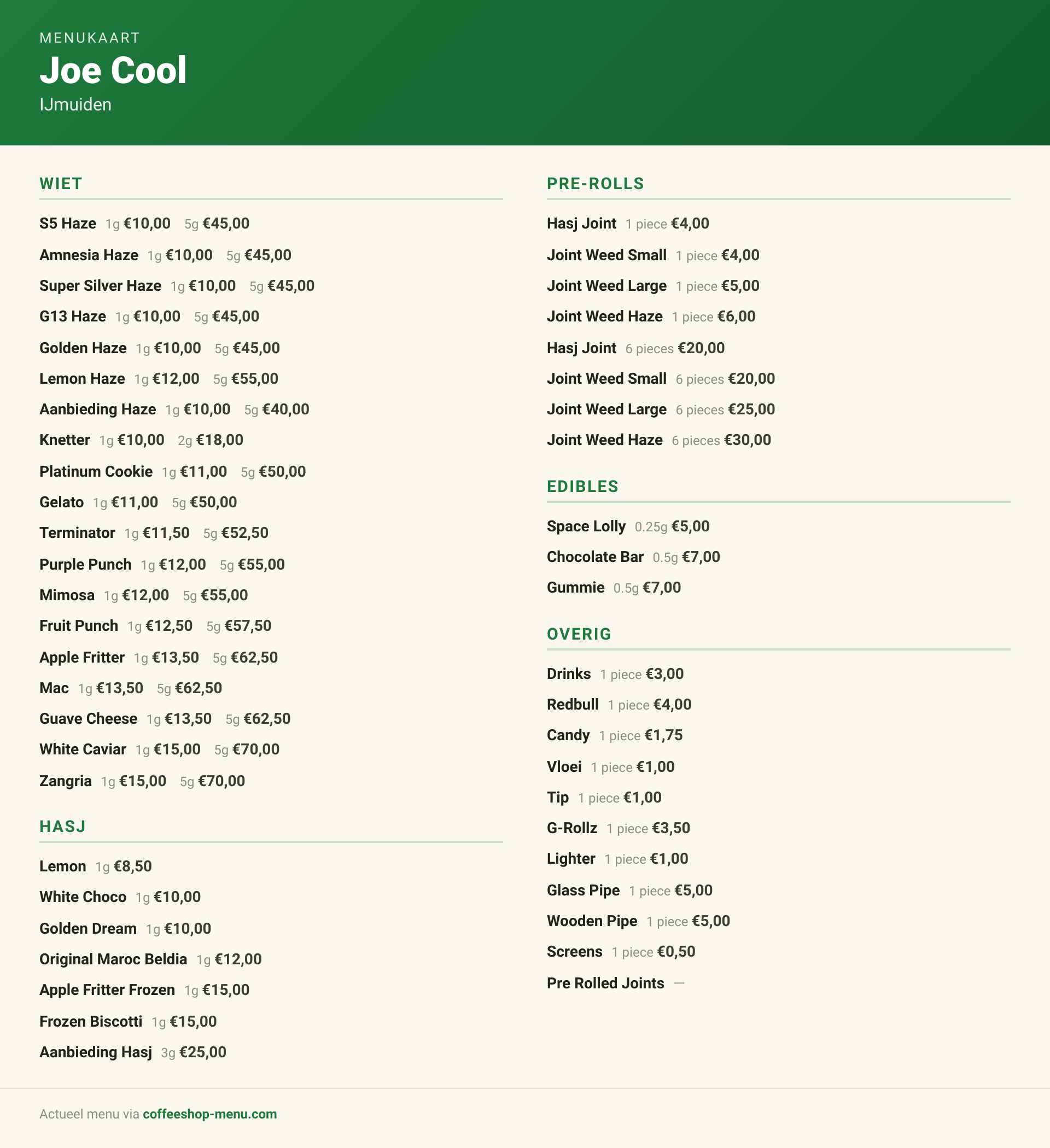 Menu bij Joe Cool