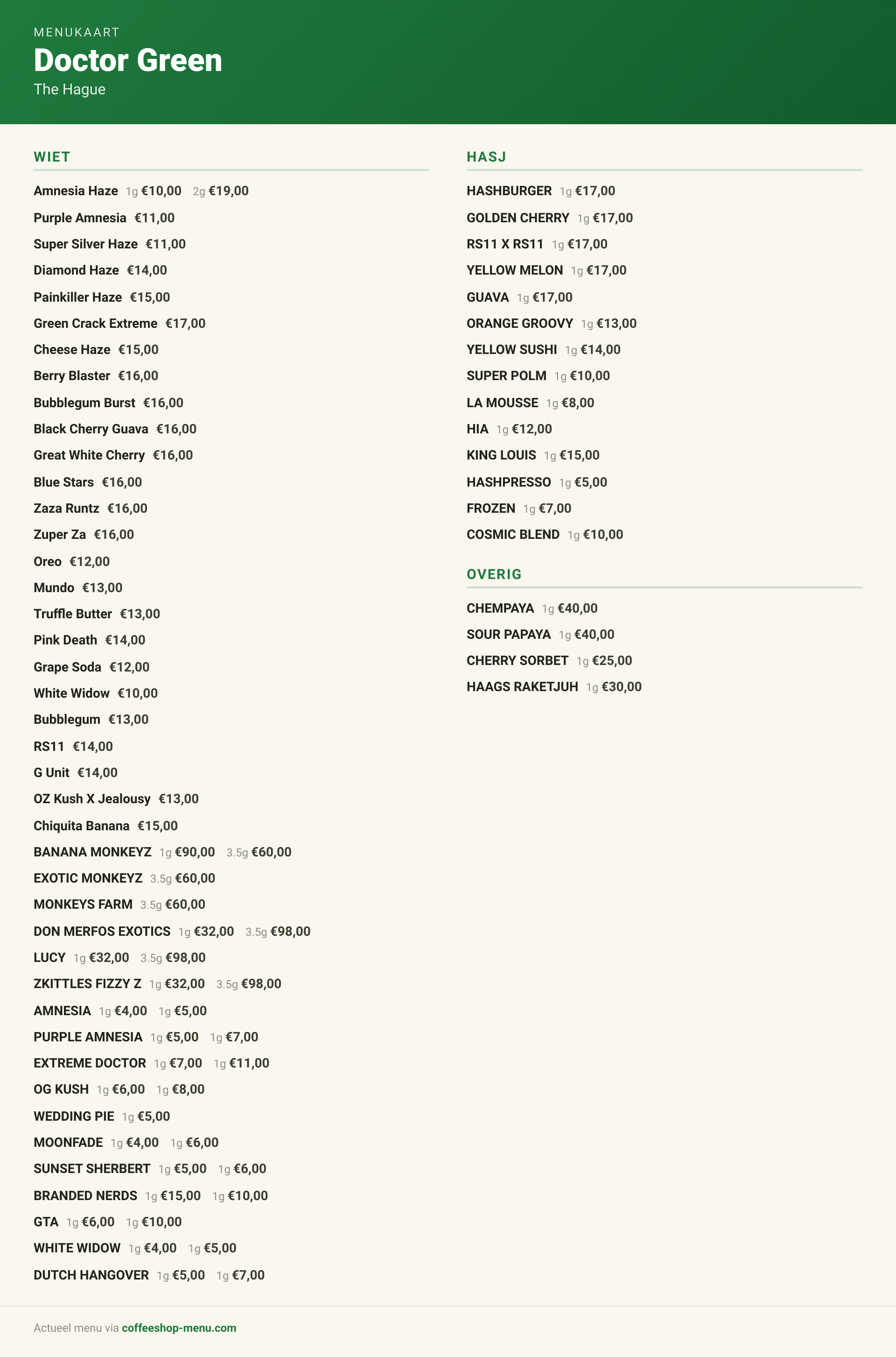 Menu bij Doctor Green