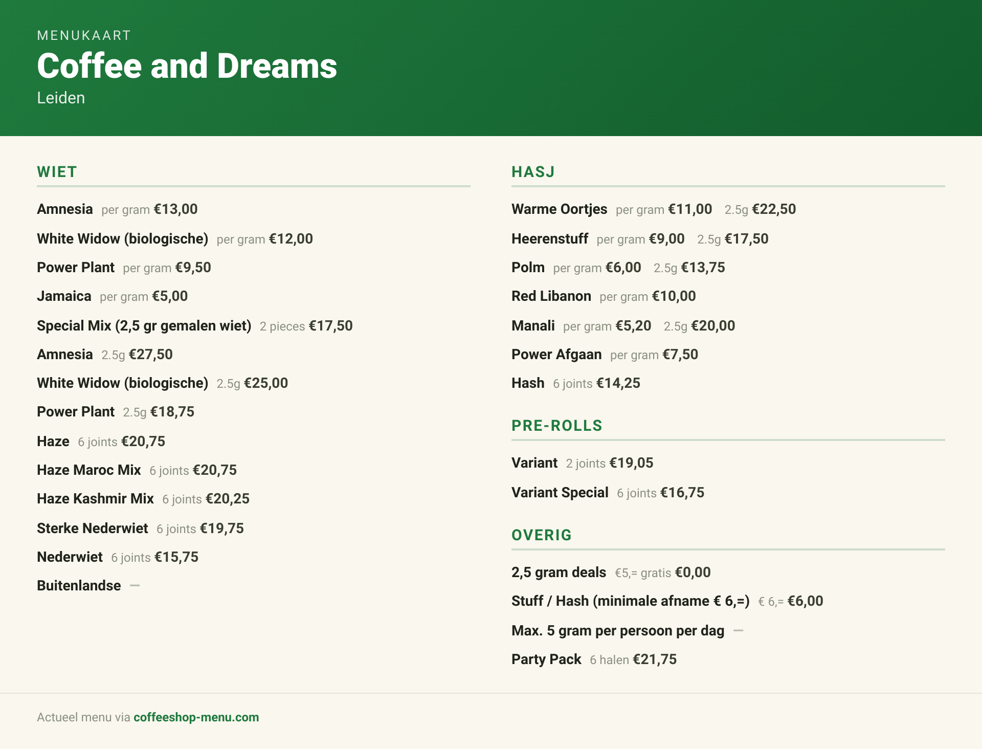 Menu bij Coffee and Dreams
