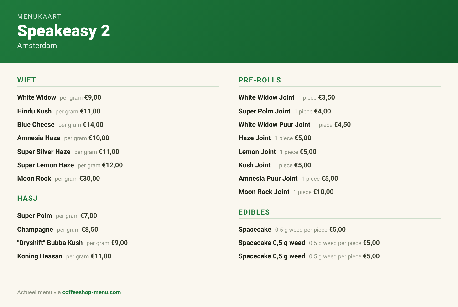 Menu bij Speakeasy 2