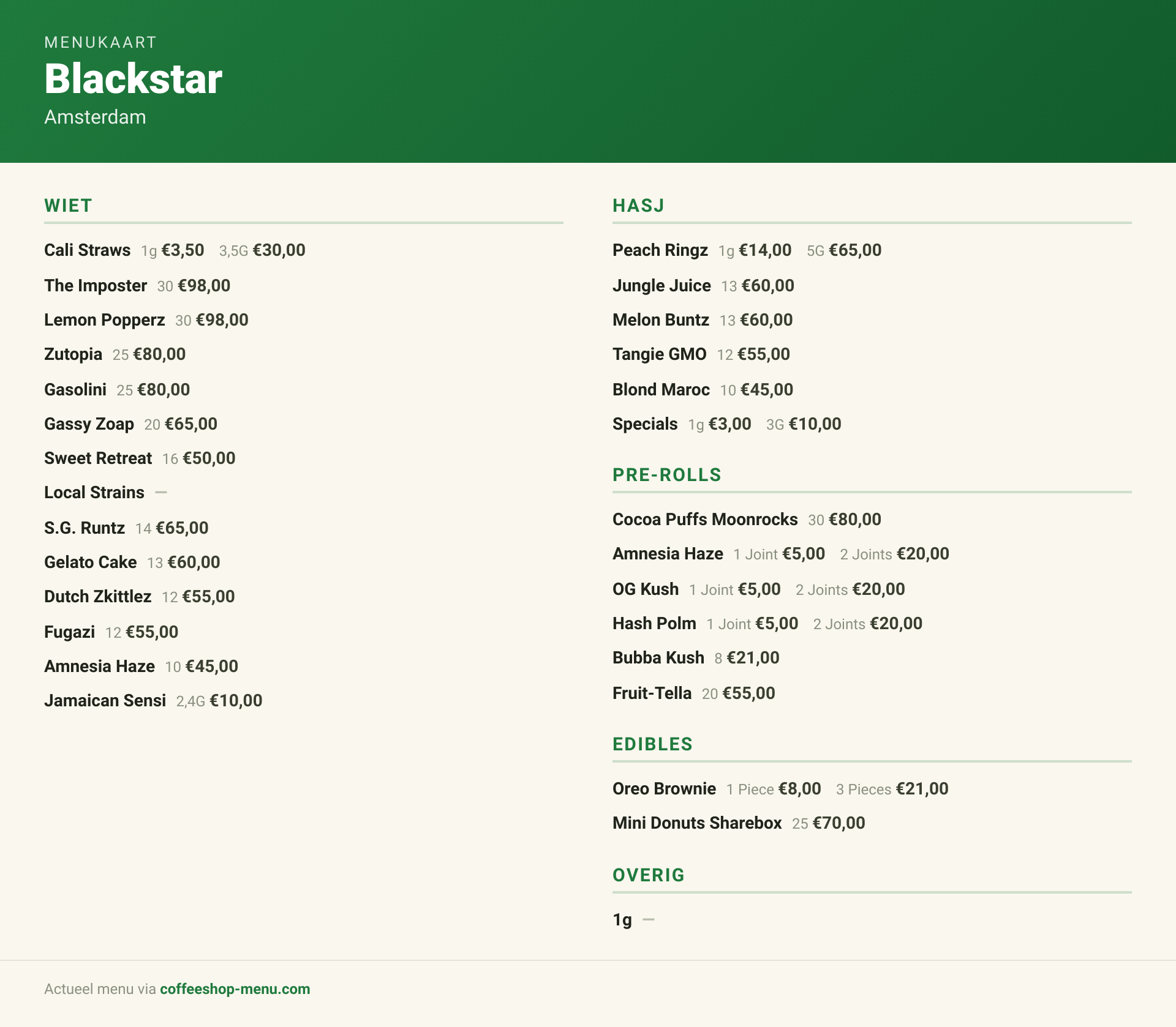 Menu bij Blackstar