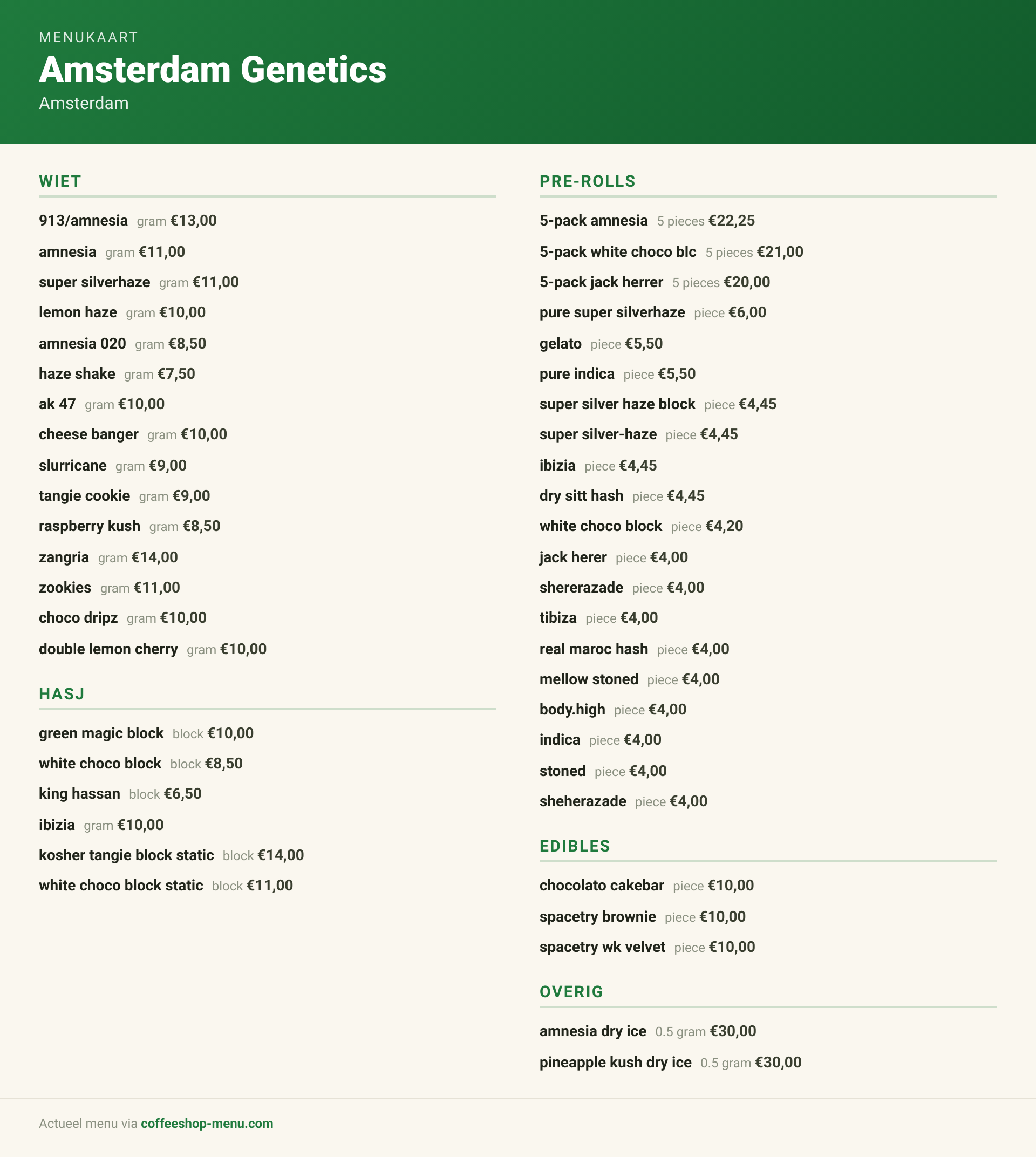 Menu bij Amsterdam Genetics