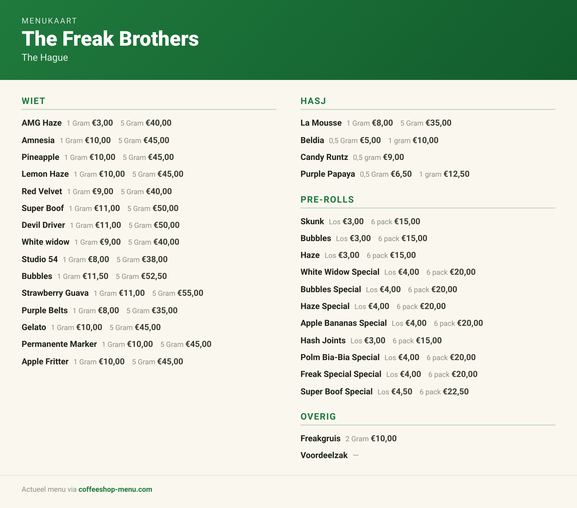 Menu bij The Freak Brothers