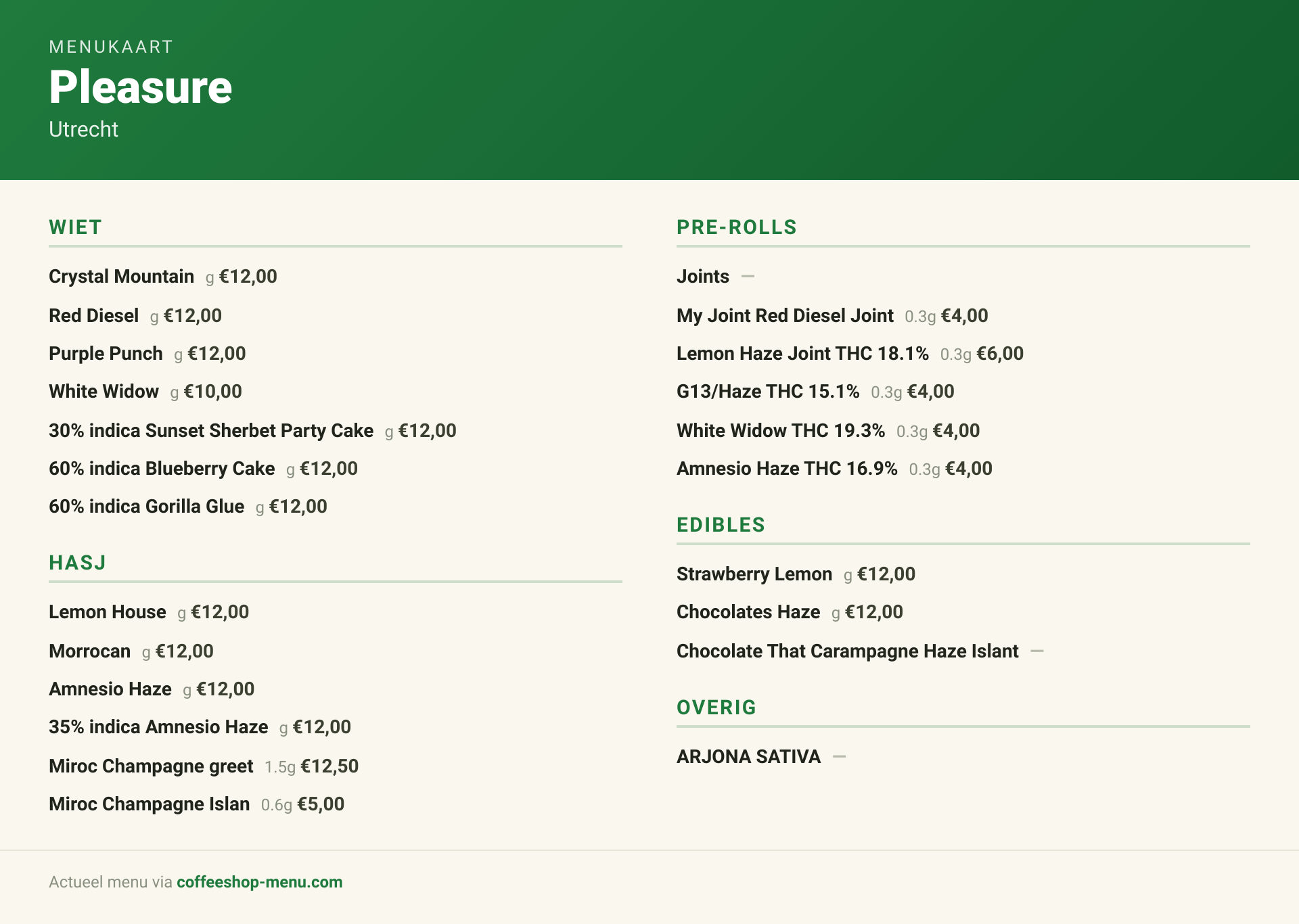 Menu bij Pleasure