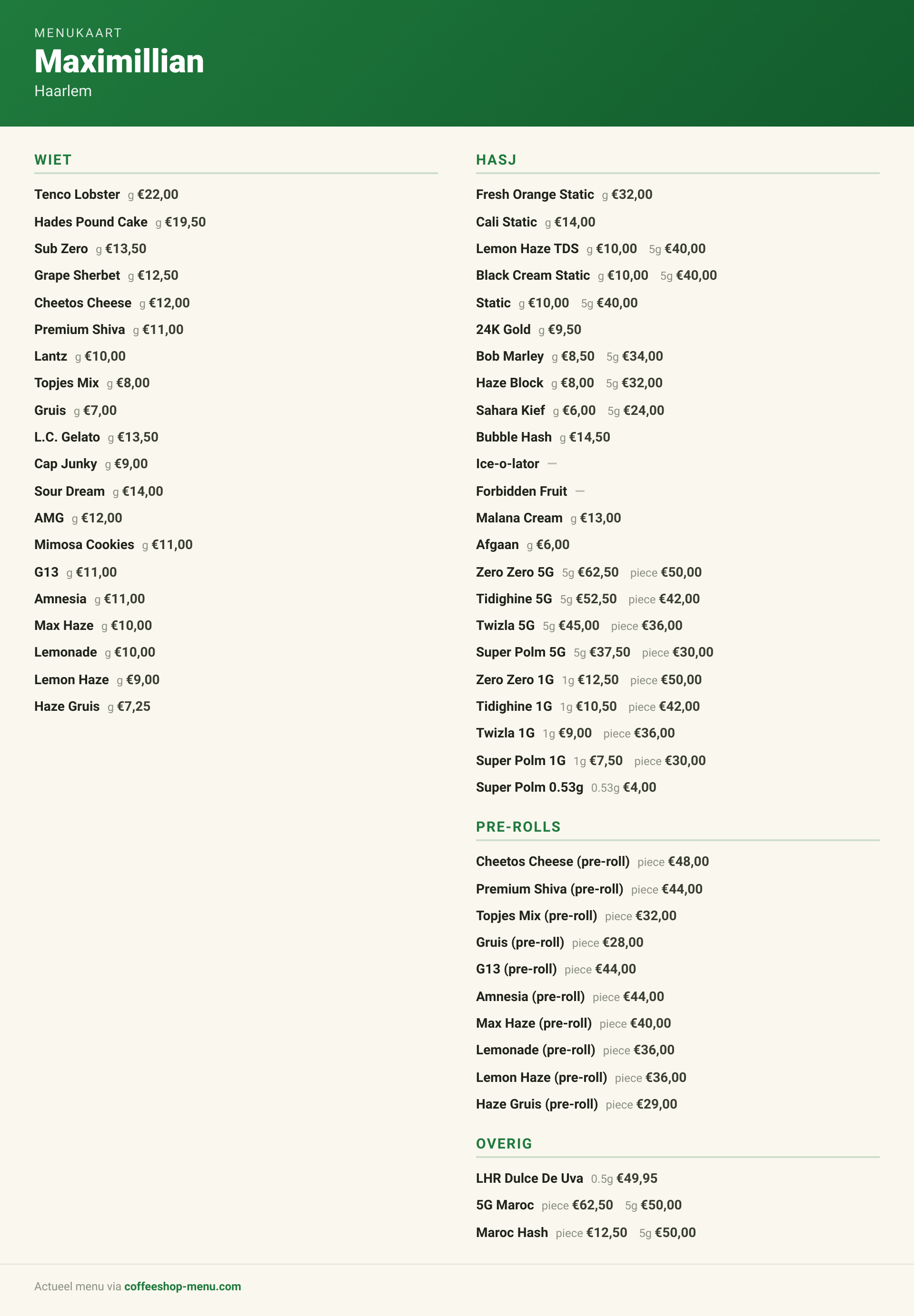 Menu bij Maximillian