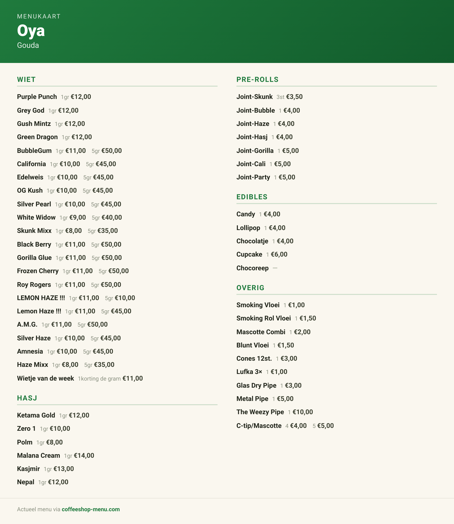 Menu bij Oya