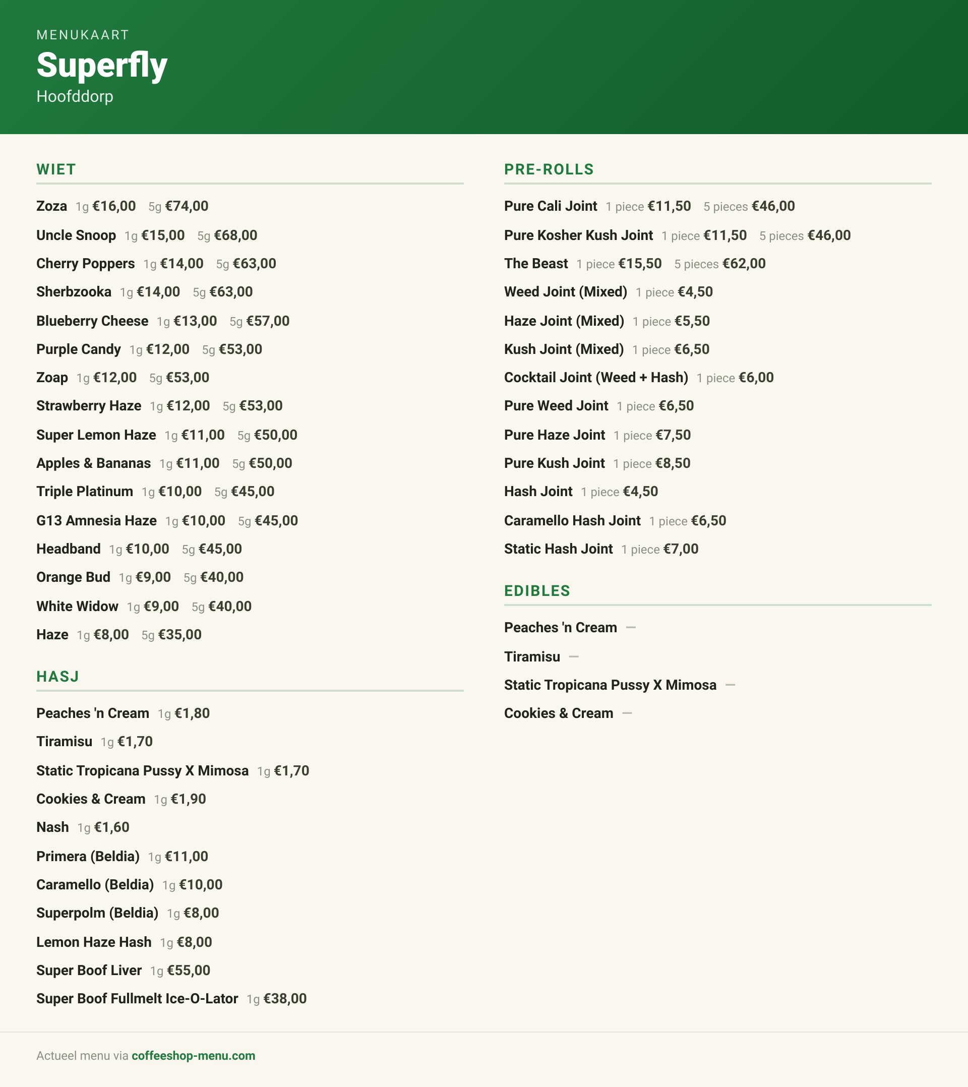 Menu bij Superfly