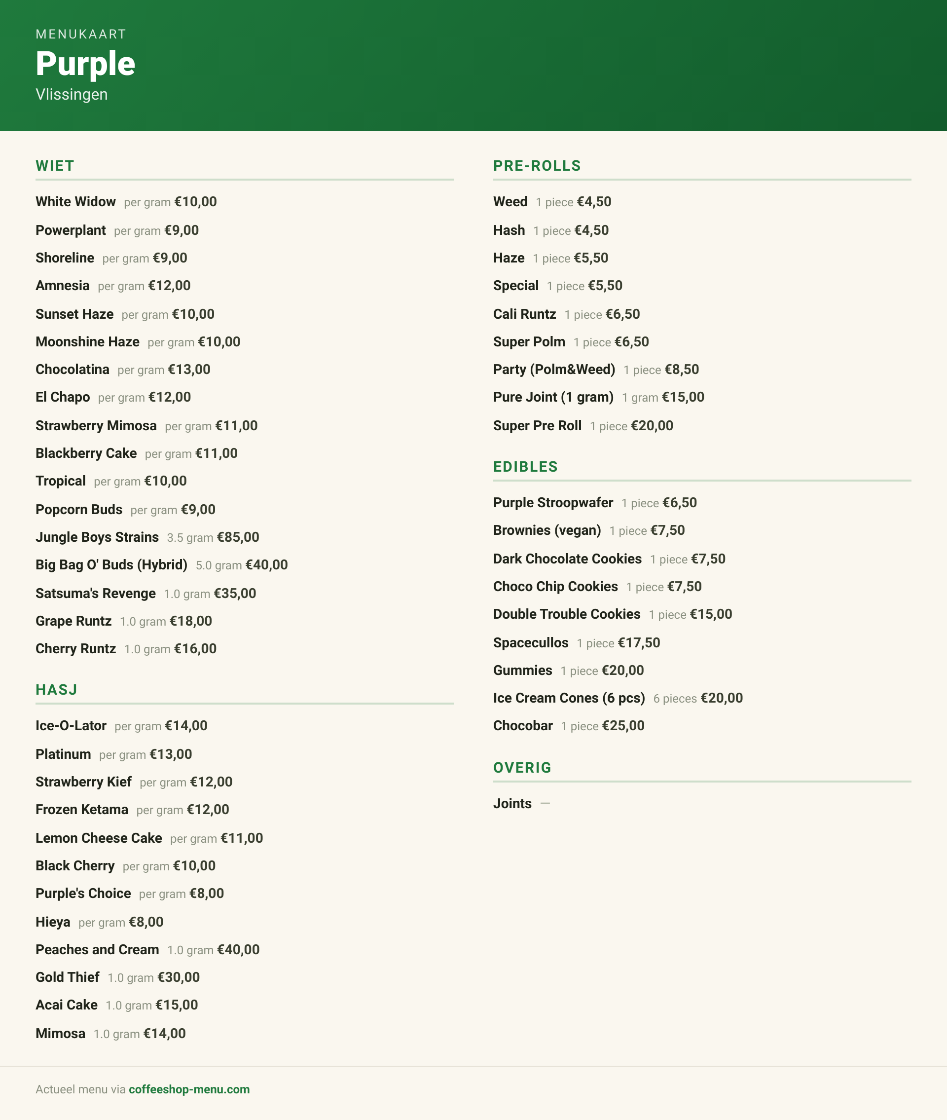 Menu bij Purple