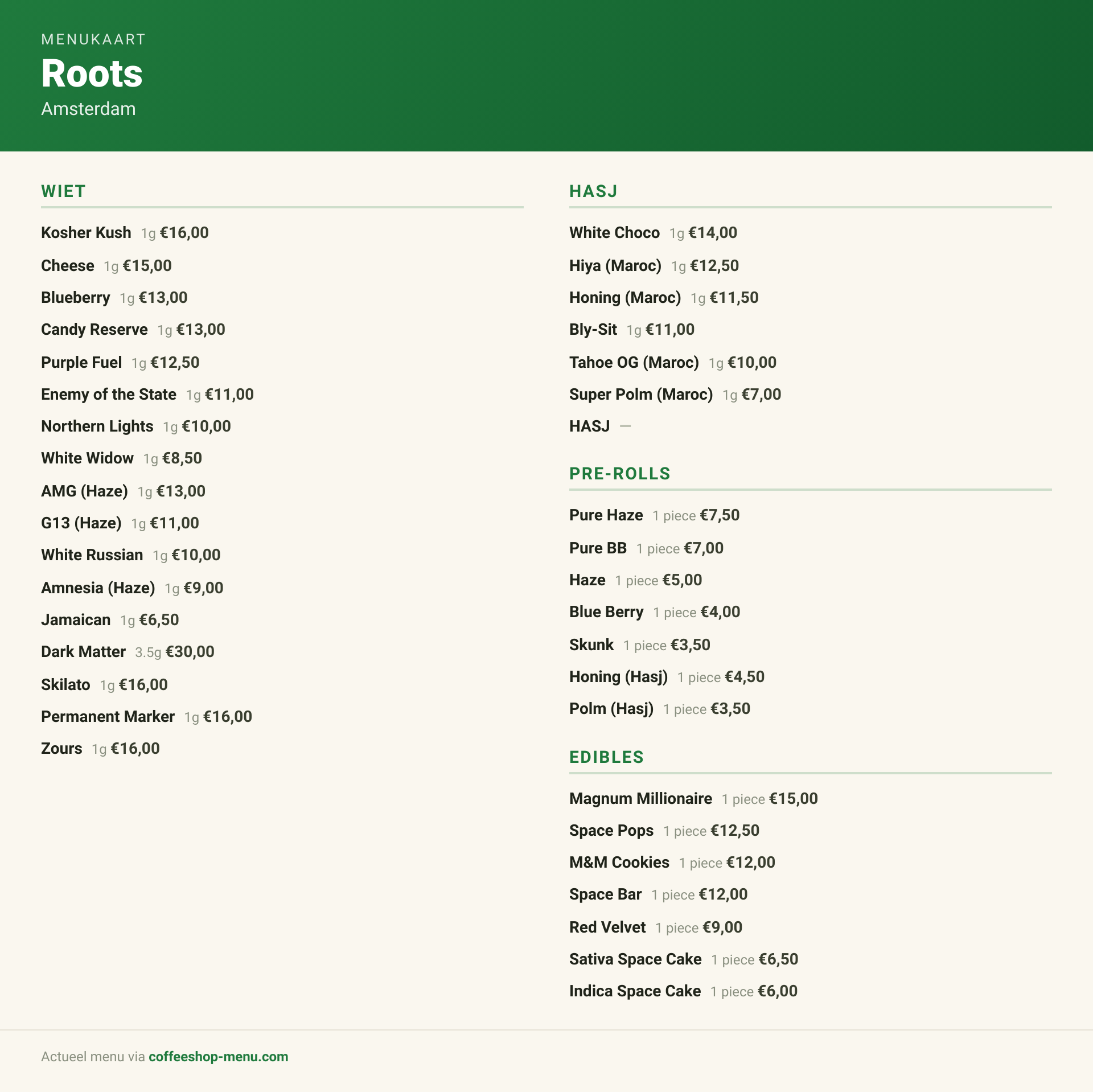 Menu bij Roots