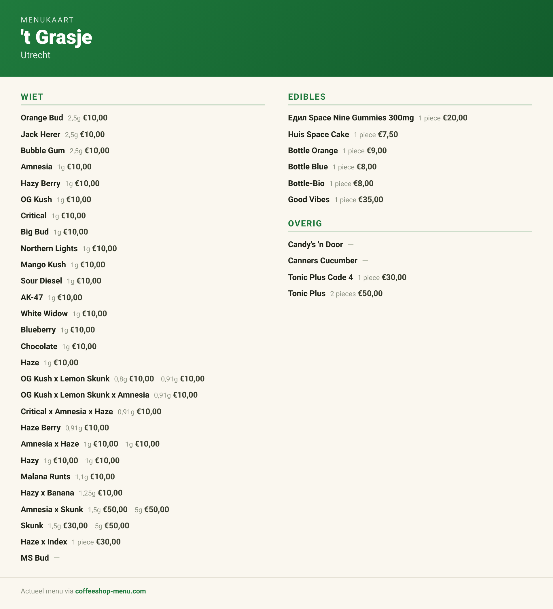 Menu bij 't Grasje