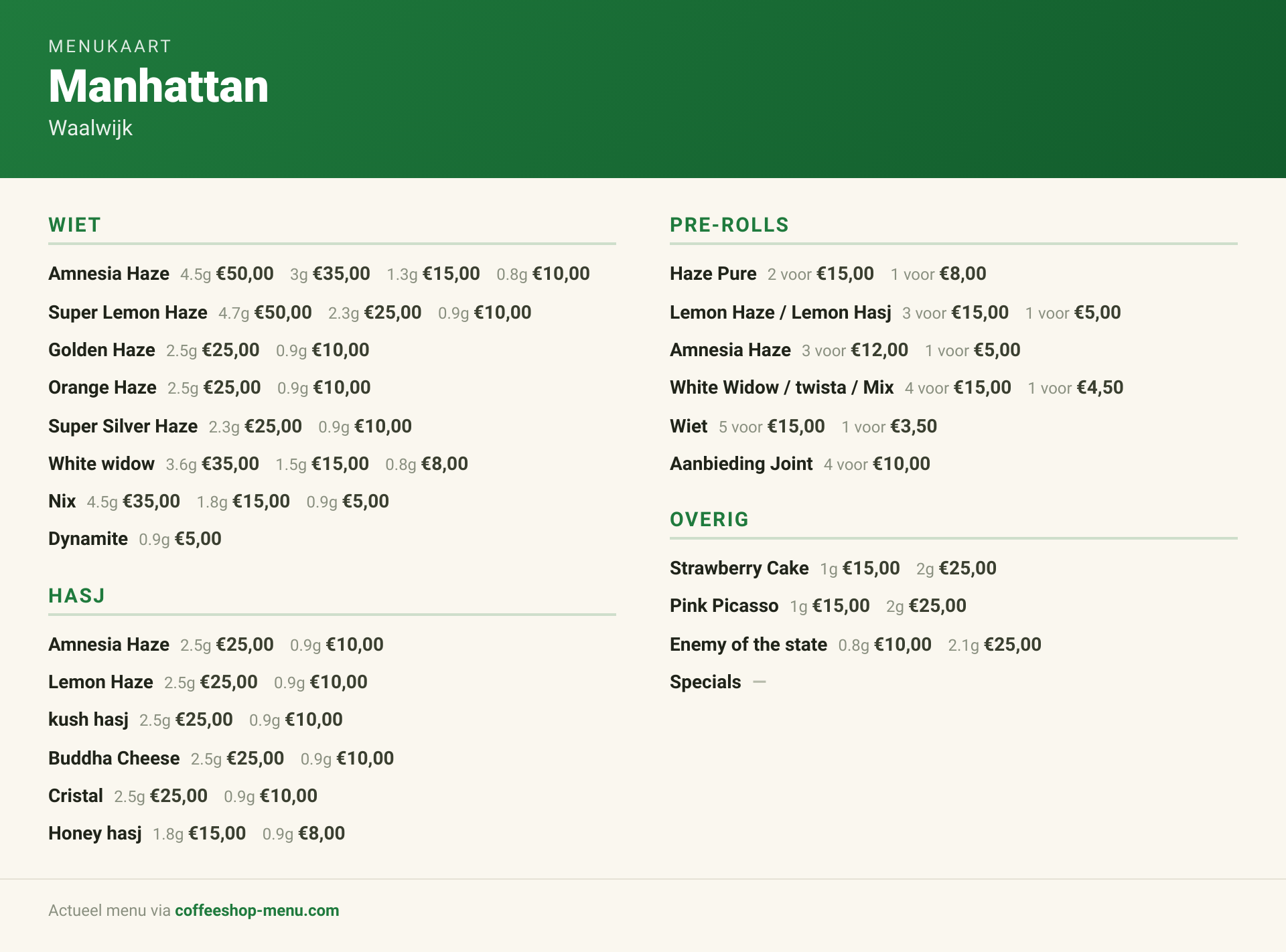 Menu bij Manhattan