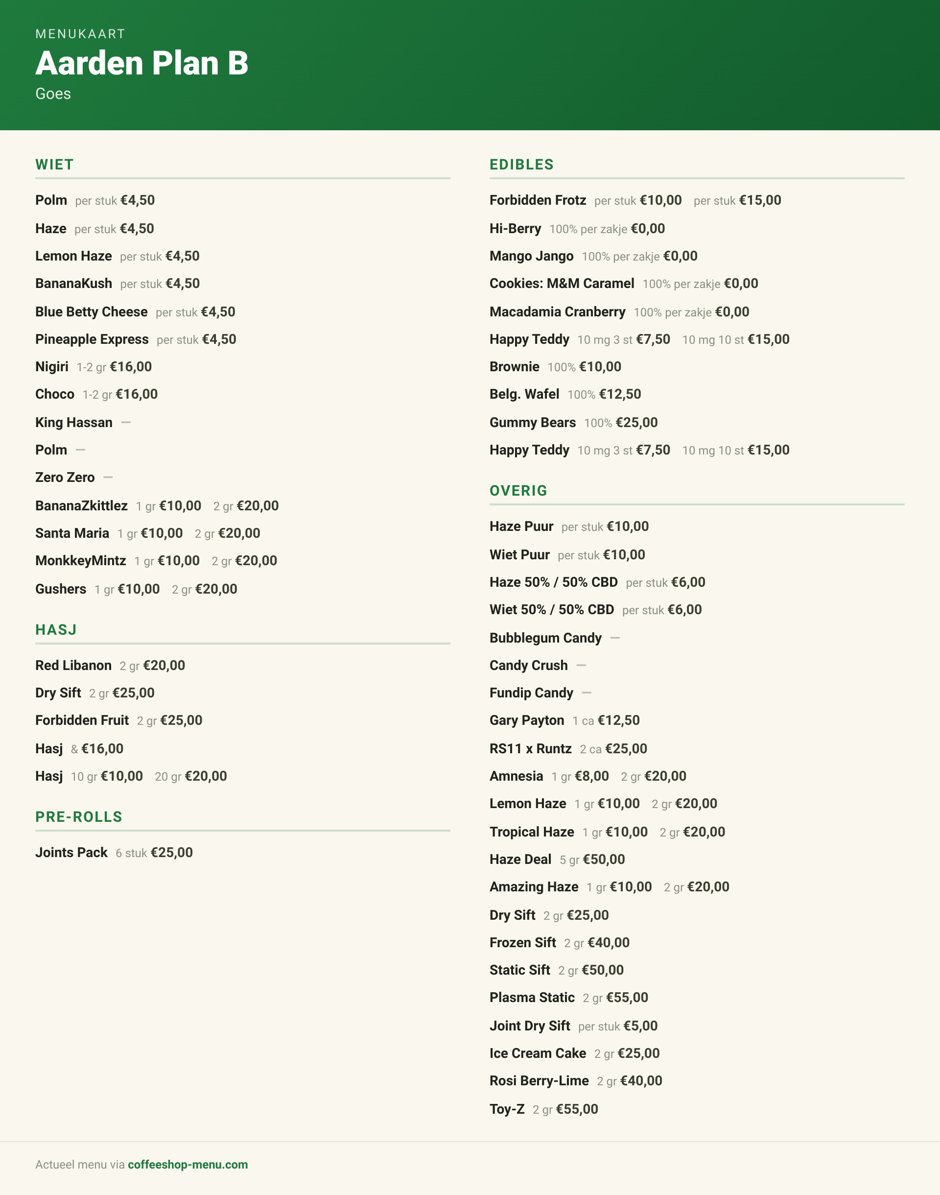 Menu bij Aarden Plan B