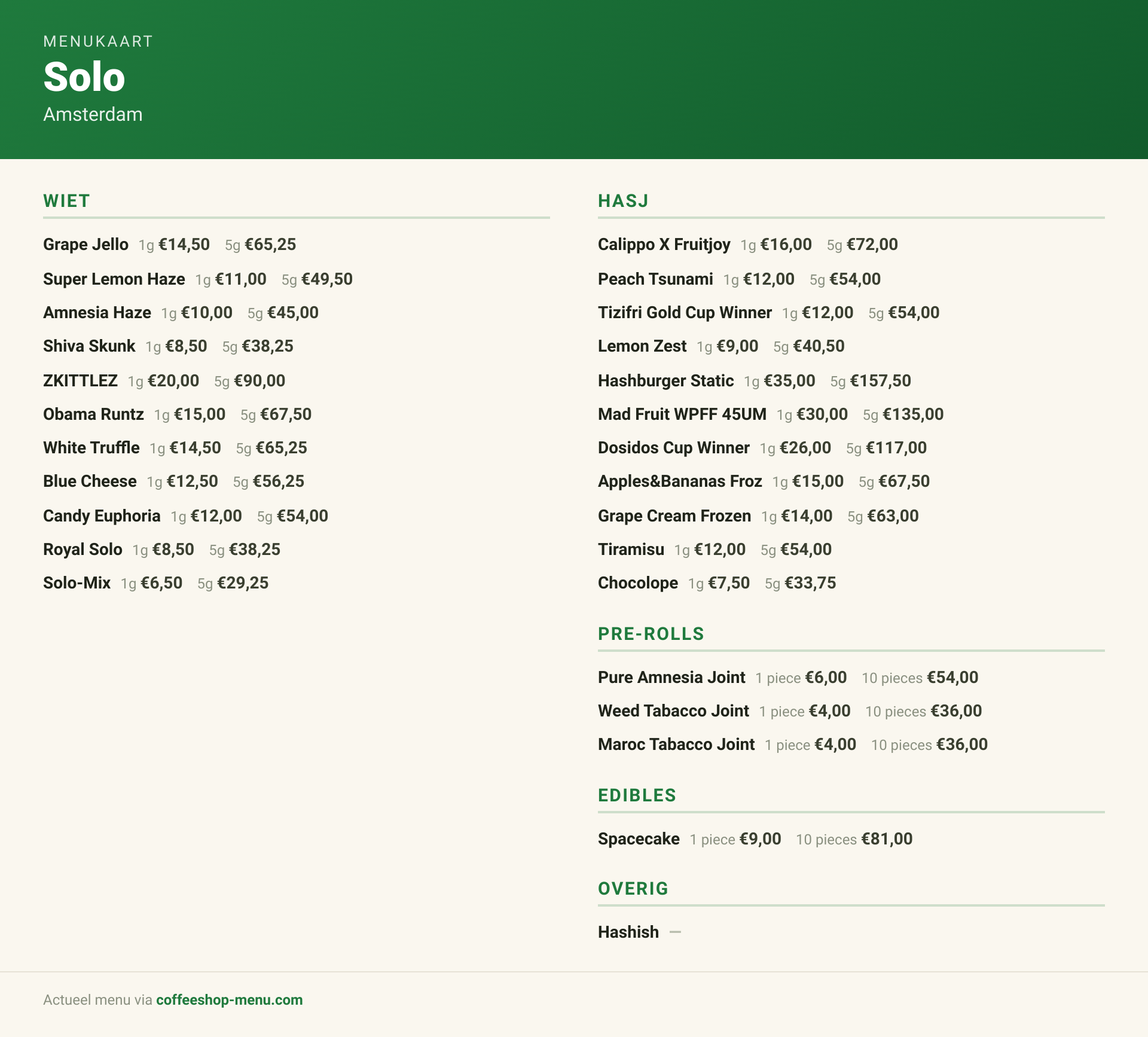 Menu bij Solo