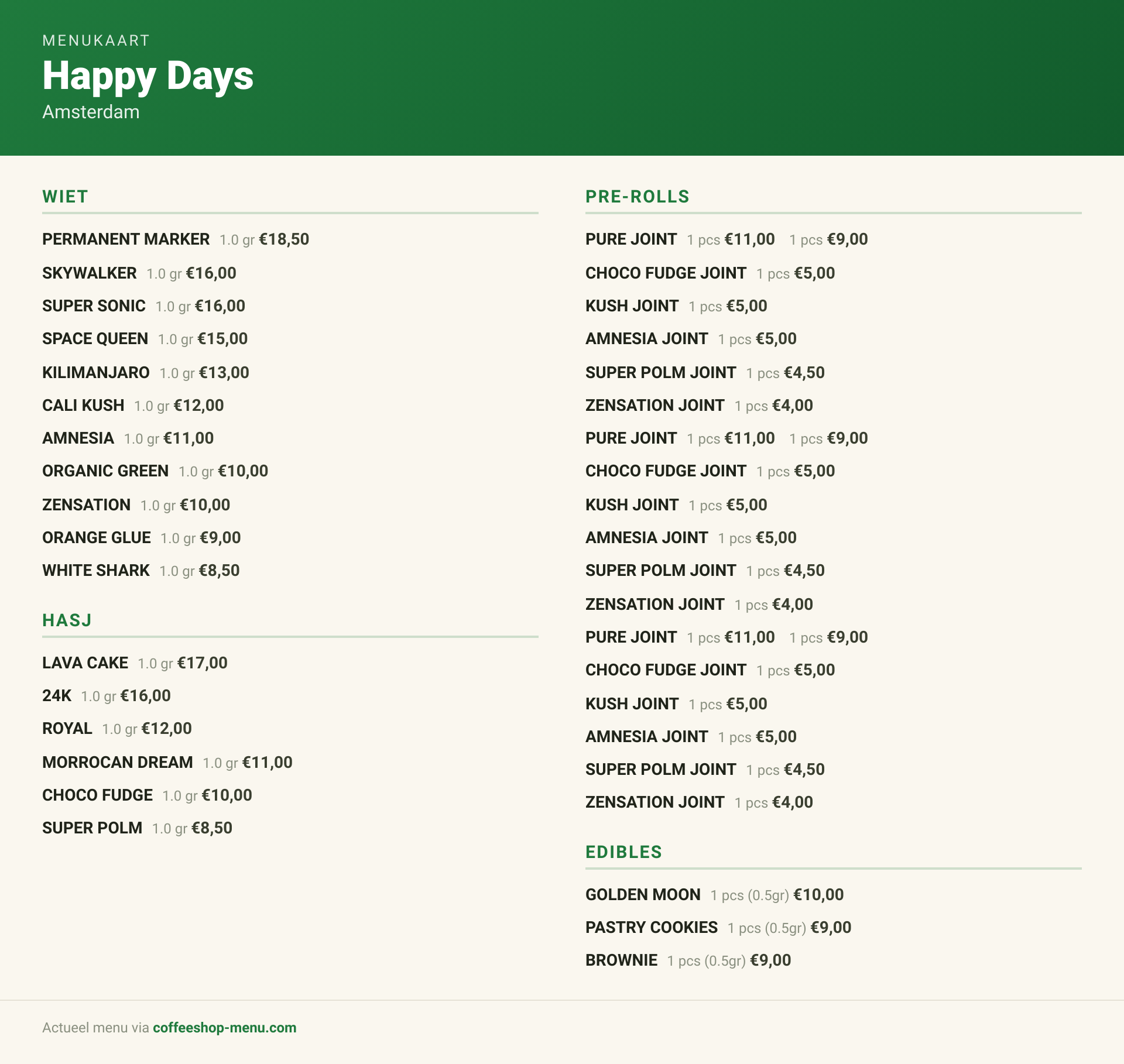 Menu bij Happy Days