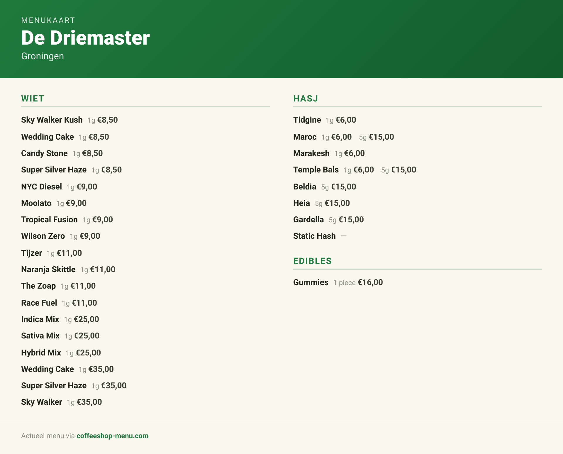 Menu bij De Driemaster