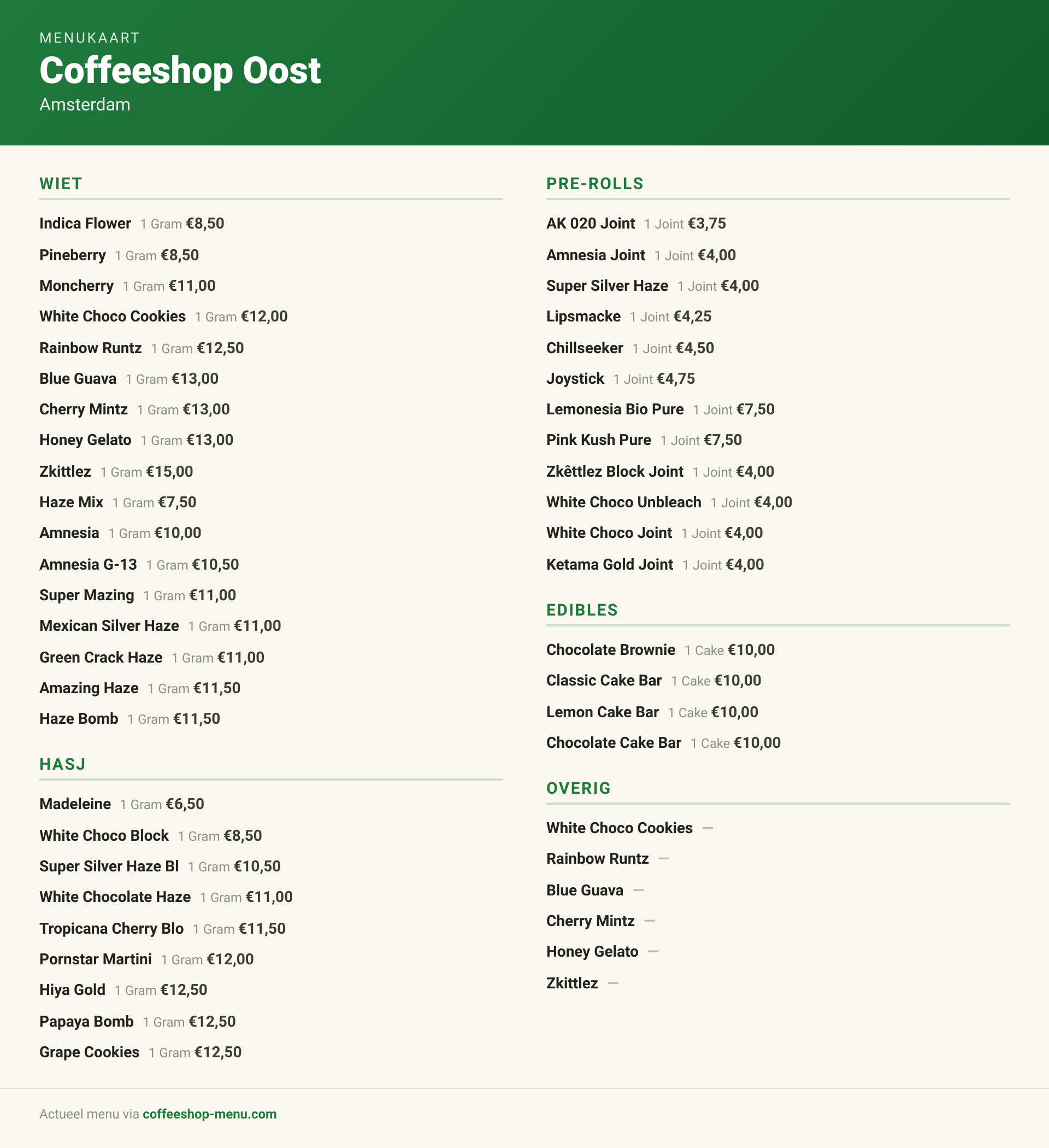 Menu bij Coffeeshop Oost