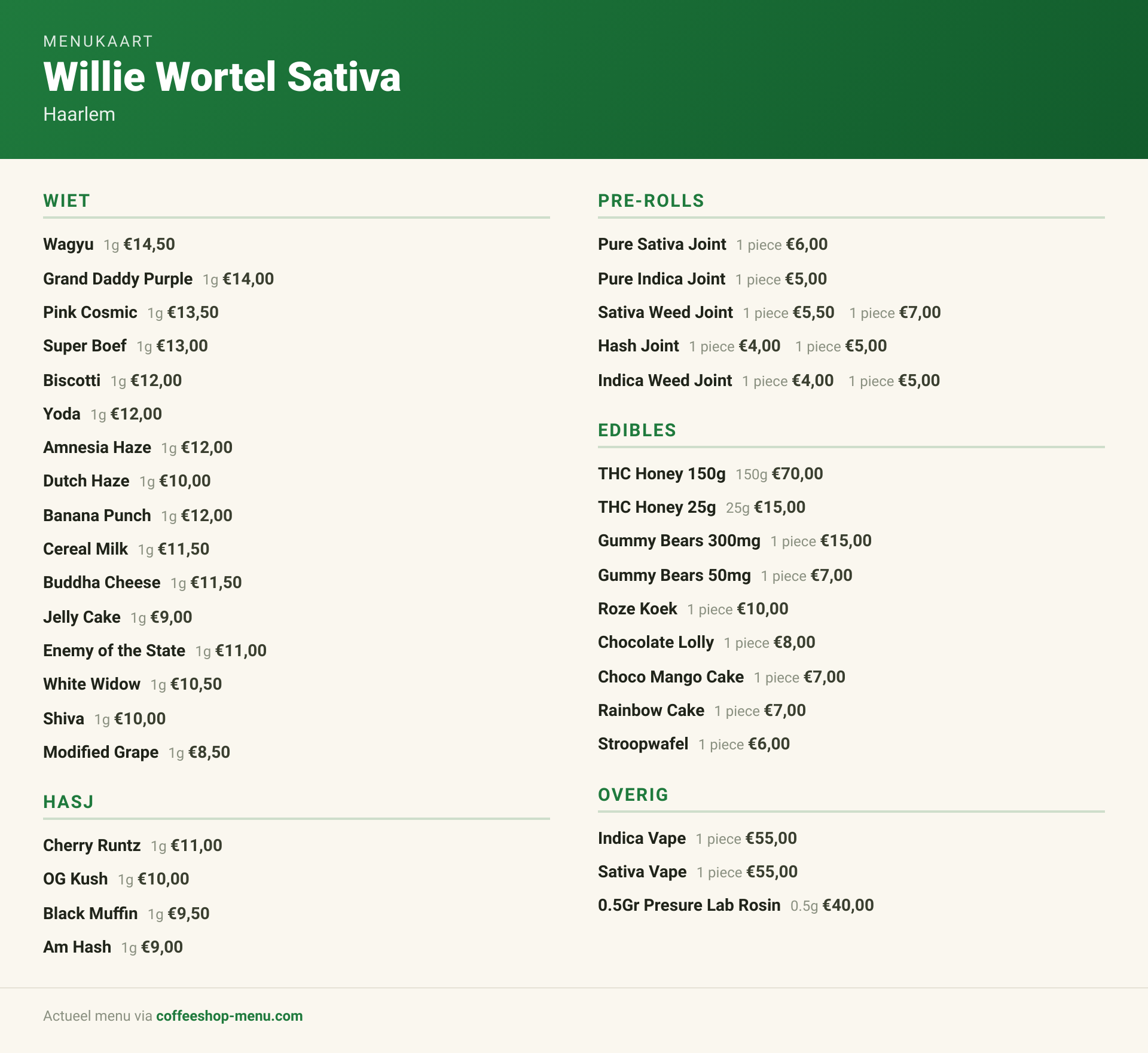 Menu bij Willie Wortel Sativa