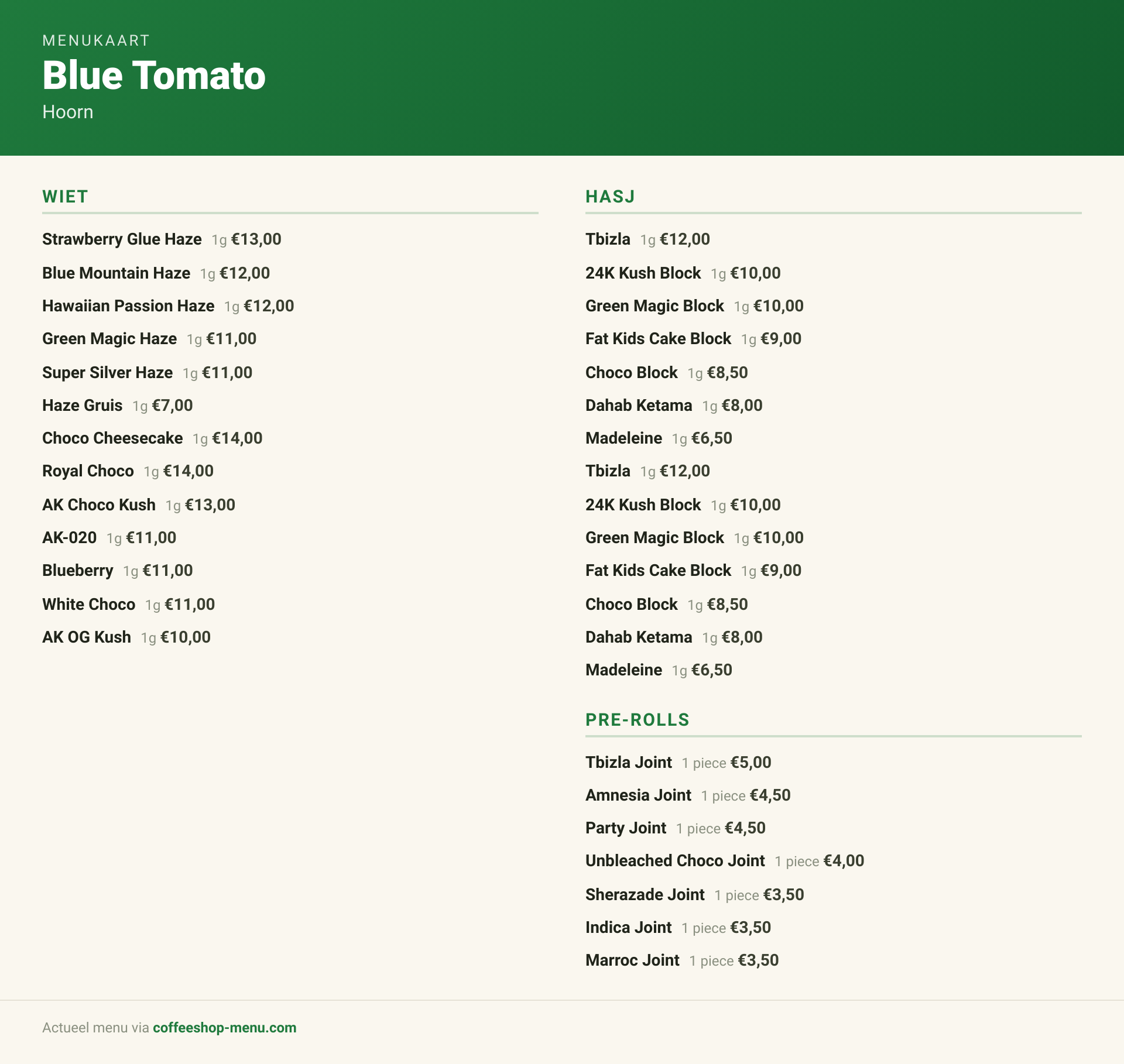 Menu bij Blue Tomato